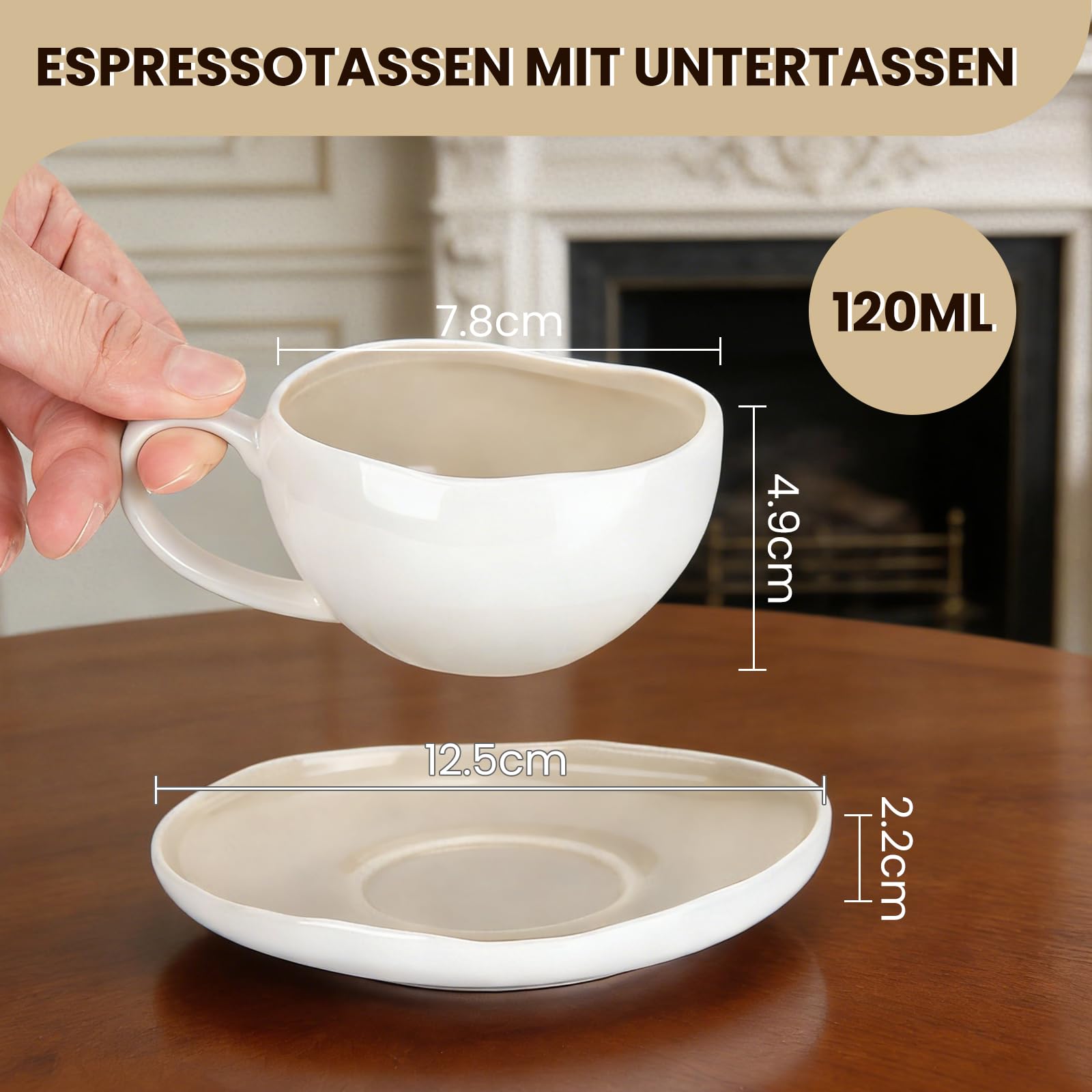 Filiżanki do espresso, zestaw filiżanek do espresso ze spodkami, 6-częściowy zestaw ceramicznych filiżanek do espresso i moki, 120 ml, filiżanki i spodki, jasnobeżowy i biały