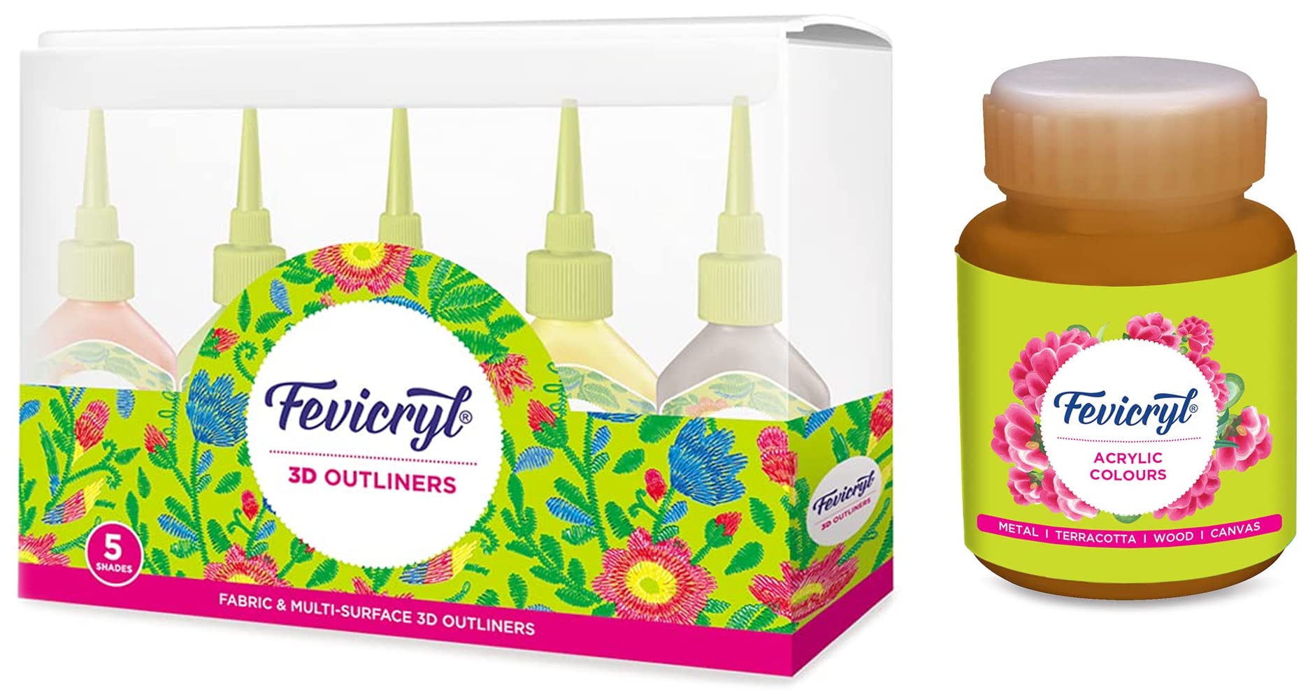 Fevicryl Pidilite Pearl Acrylic Painting Color (Bronze, 100ml) 3D Outliners Regular Kit 20ml x 5