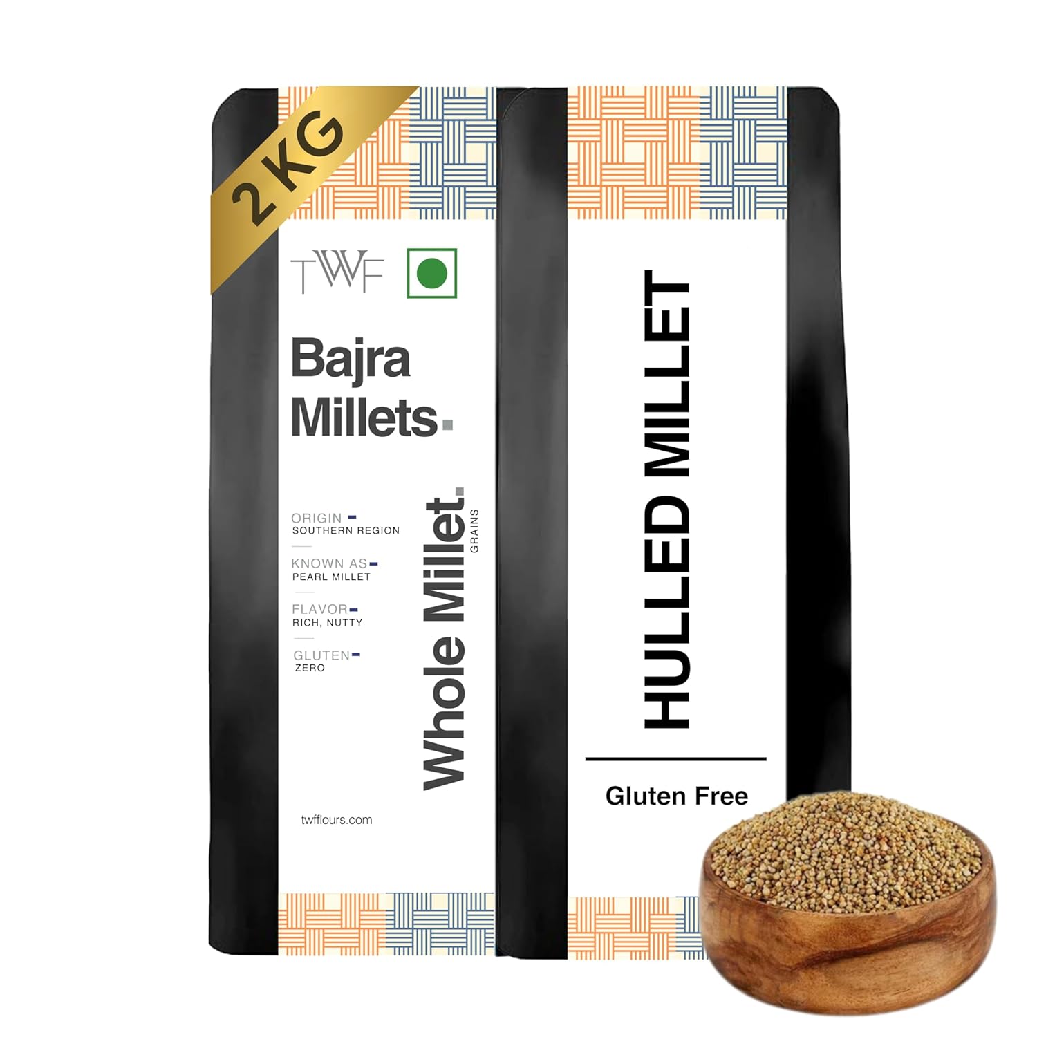 TWF Unpolished Bajra Whole Millet | 2 Kg |Bajri Grain | Desi Bajra | Sajje | Kambu | Pindi | Sajjalu | Pearl Millet | Hulled | Gluten-Free | High Fiber | Nutrient-Rich Supergrain