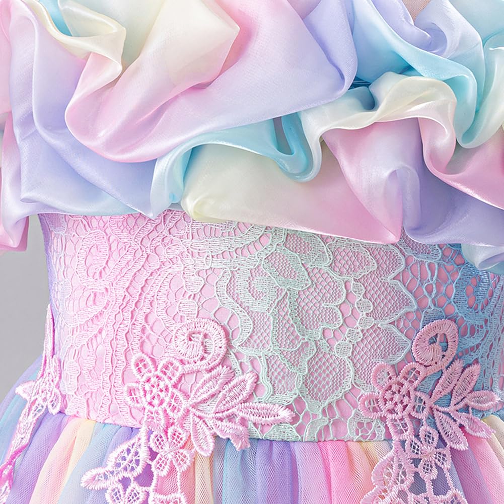 Odizli Blumenmädchenkleider Off Shoulder Blumen Spitze Prinzessin A-Linie Regenbogen Tüllkleid Hochzeit Lang Ballkleid