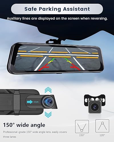 Miniatura 6 de Inefala Cámara de espejo retrovisor 4K de 10 pulgadas, cámaras de visión nocturna WDR delantera y trasera, pantalla táctil inteligente espejo