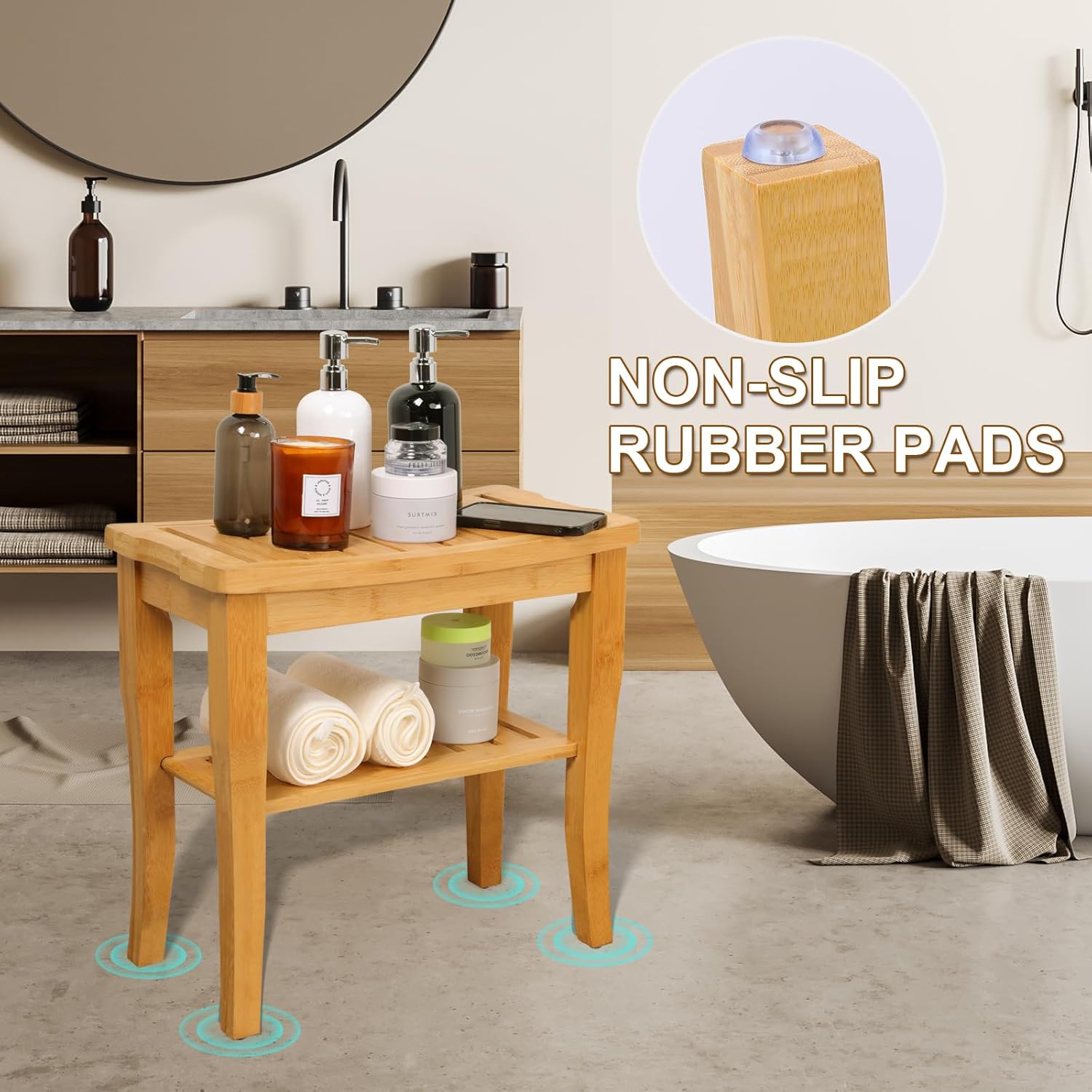 VVW 19 Inch 2-Tier Bamboo Shower Bench Bathroom Bench Seat with Storage Shelf, 2-Tier Wooden Spa Seat Bath Stool for Adults Women Elderly Seniors Wood Shower Chair for Bathtub or Small Spaces(Beige)