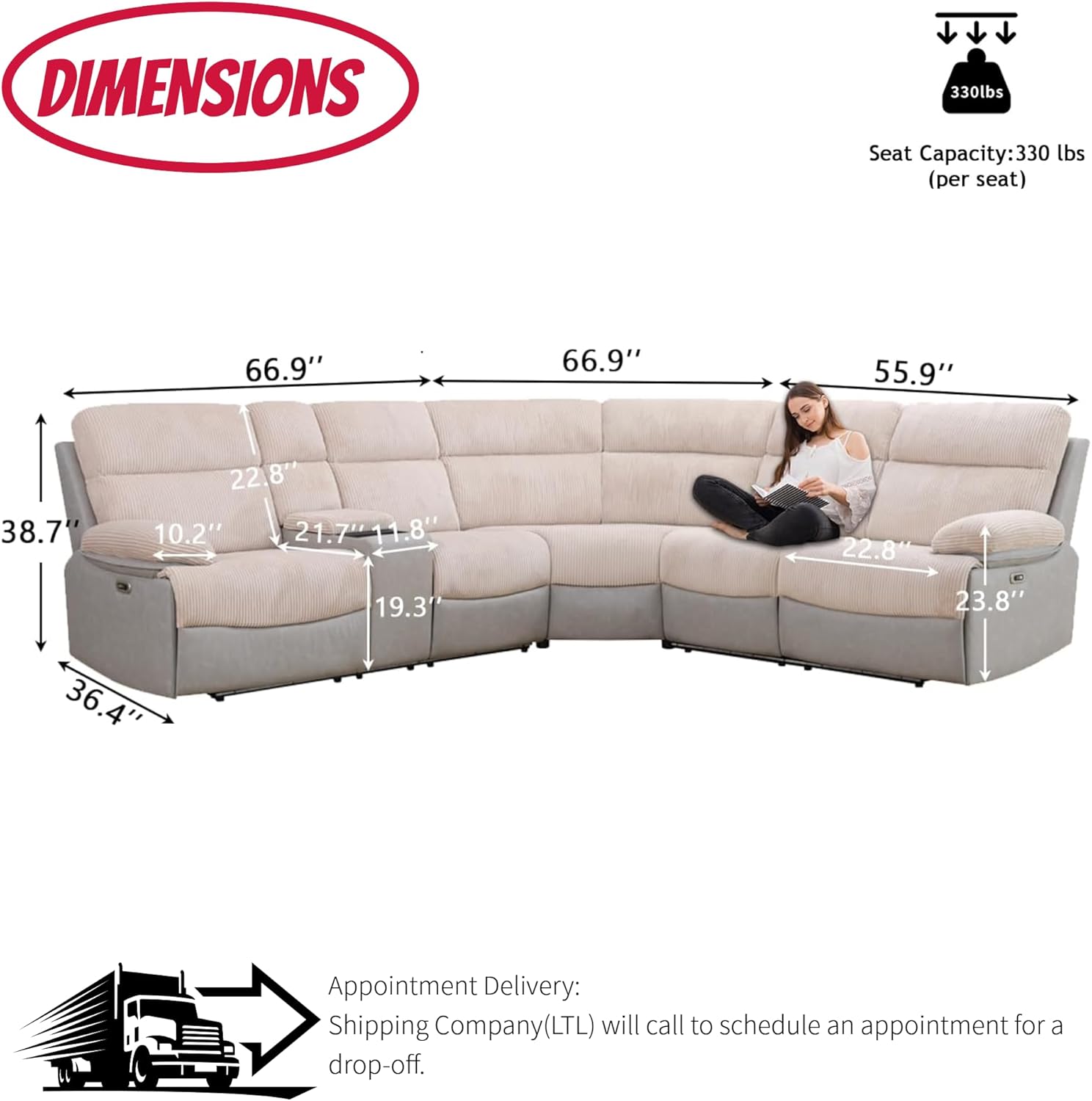 Power Reclining Sectional Sofa Set, Premium Fabric Recliner Couch with Console Storage/Cup Holders, L-Shaped Living Room Furniture Set for Living Room/House/Office (Grey, Sectional)
