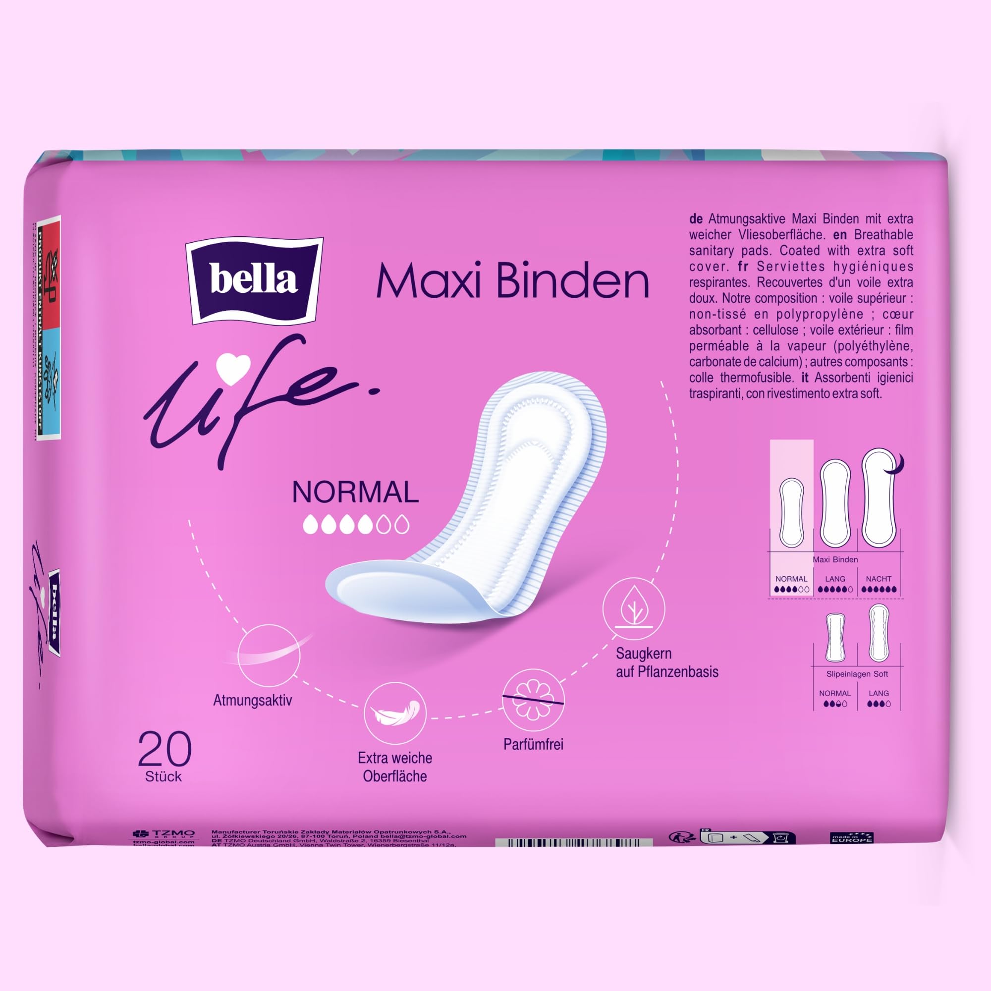 bella life Maxi Damenbinden ohne Flügel Normal 140 Stück (7x20) weich parfümfrei