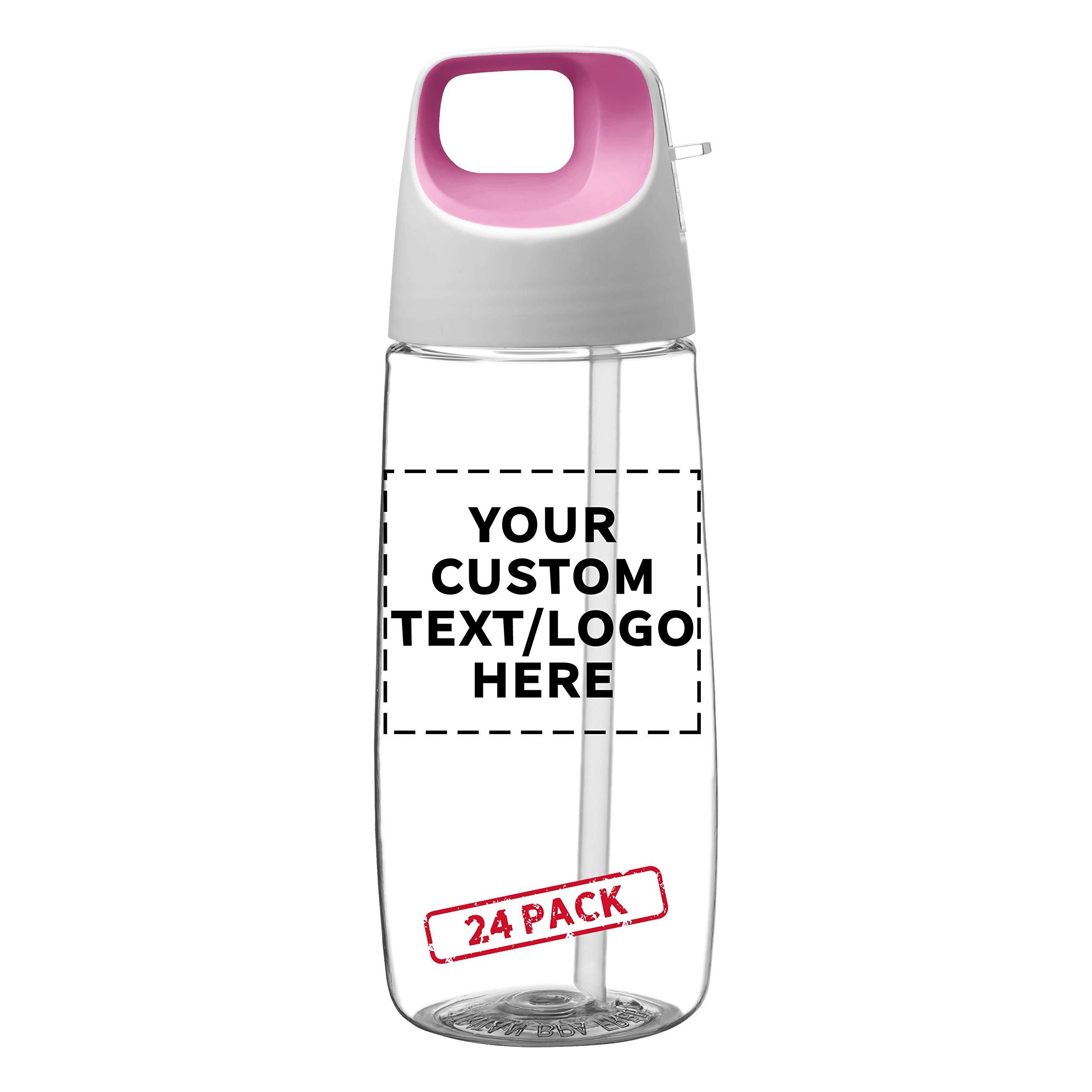 DISCOUNT PROMOS 24 Plastic Water Bottles with Straw Set 27 oz - Customizable Text Logo - Tritan Accent
