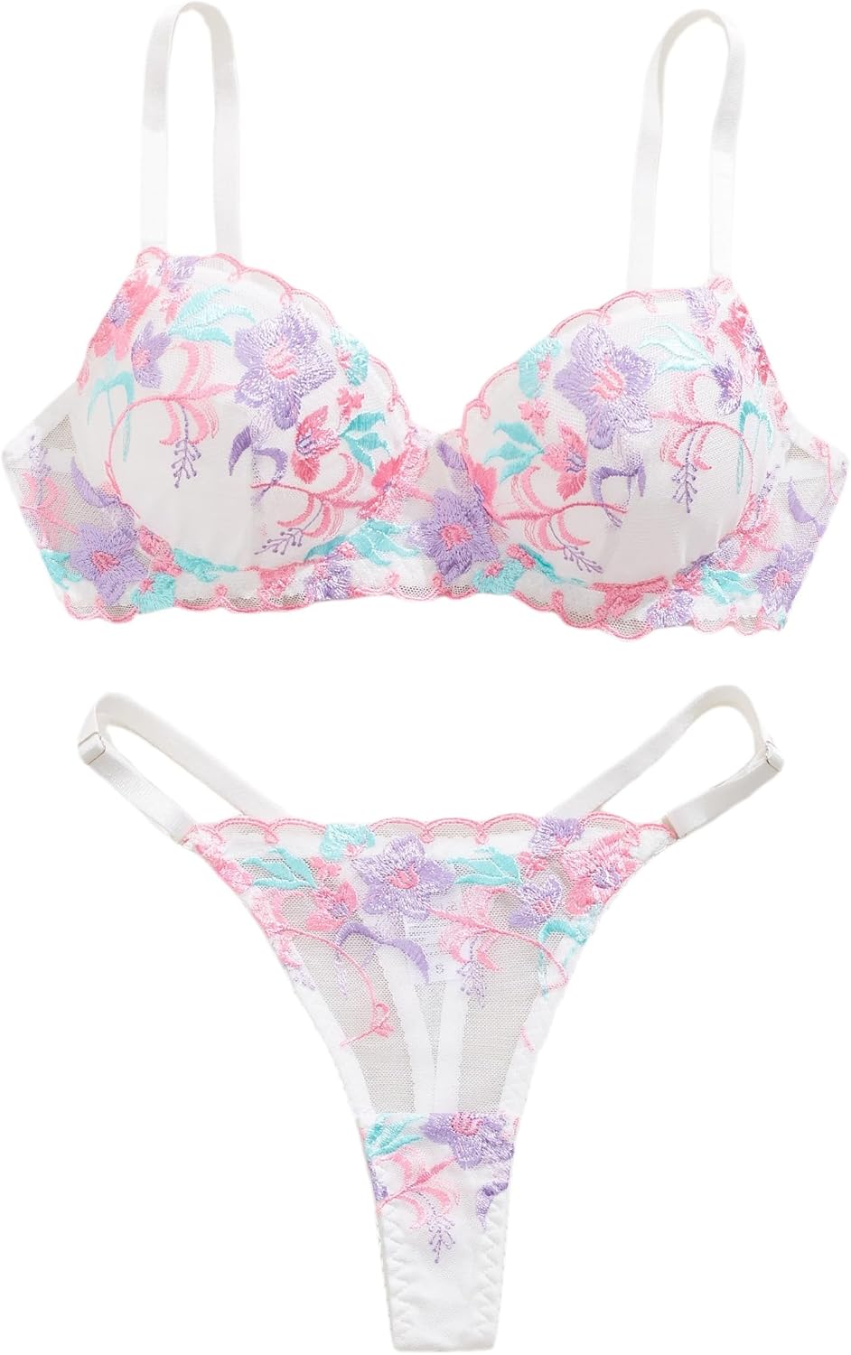 Floral Women Bra and Panty Sets Sexy Two Piece Underwire Embroidered Flower Mesh Underwire Push Up Lingerie Set