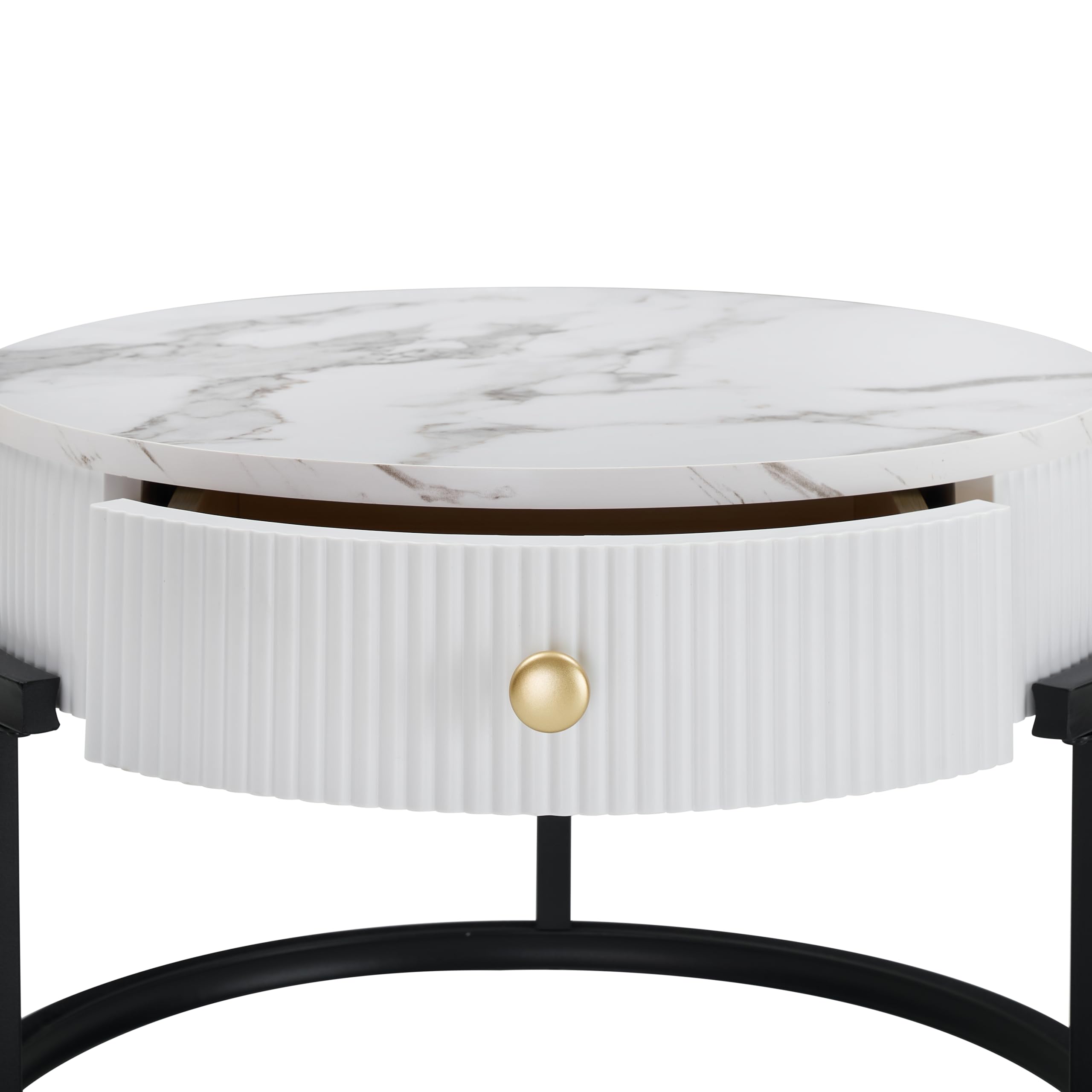 Tavolo Rotondo con cassetto, Tavolino Salotto Moderno con cornice nere, Tavolo Soggiorno con effetto marmo, set di 2 pezzi da Tavolino Rotondo