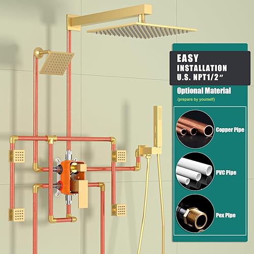 Miniatura 127 de Enga Sistema de ducha de lluvia de oro cepillado con chorros corporales, sistema de chorros de ducha de lluvia de 12 pulgadas, juego de grifo de Oro