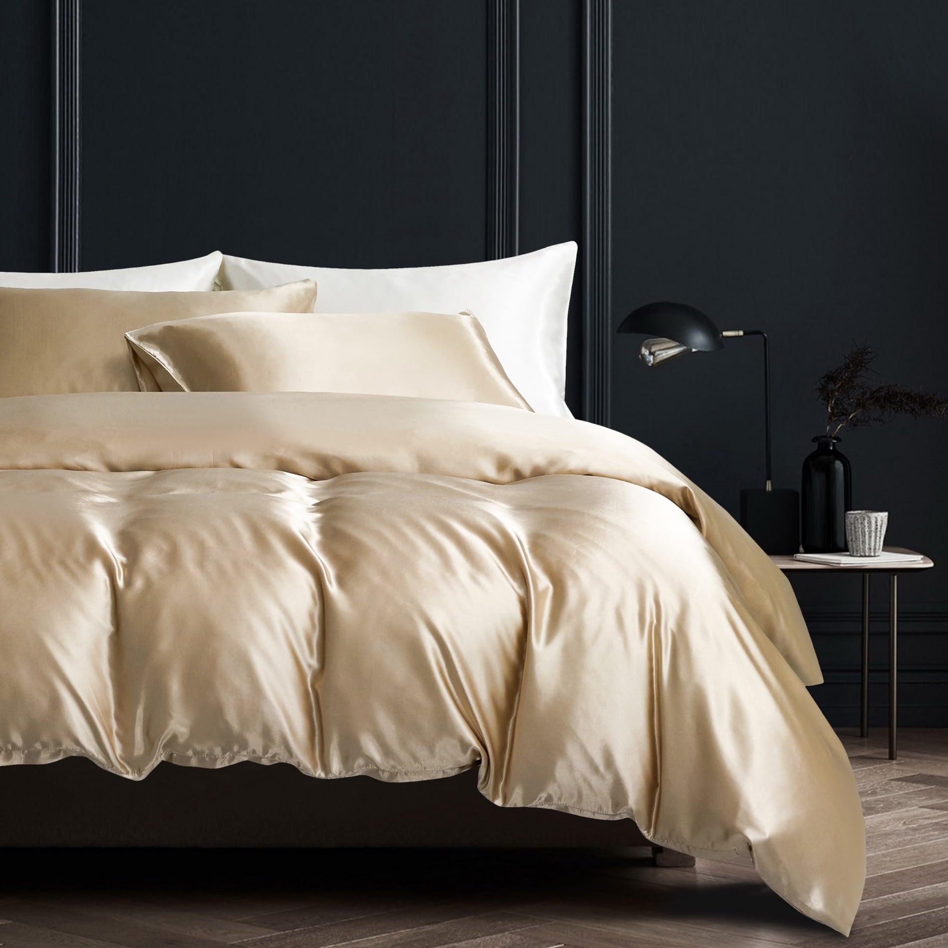 Parure da letto in raso 220 x 240 cm, colore: Beige oro tinta unita, lucido, set da letto in raso morbido e setoso e setoso, biancheria da letto matrimoniale, con cerniera e federe, 65 x 65 cm
