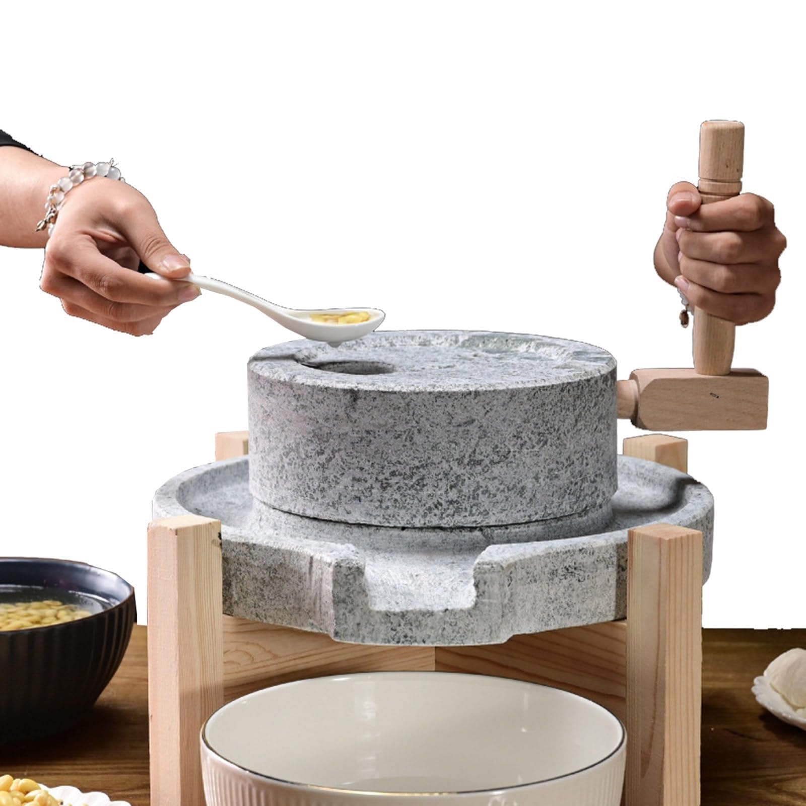 Granitstein Getreidemühle mit Ständer Manuelle Handmühle für Trocken- & Nassmahlen ideal für Tofu Sojamilch Sesambohnen Natürliche Küchenmaschine