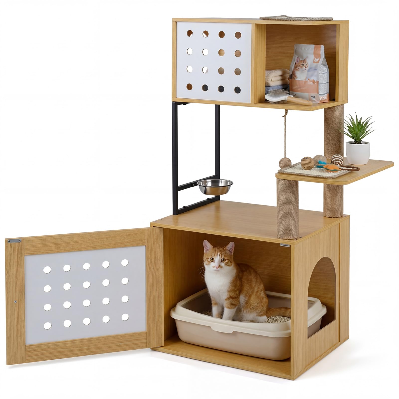 COSTWAY Cat Tree with Litter Box Enclosure (Natural)