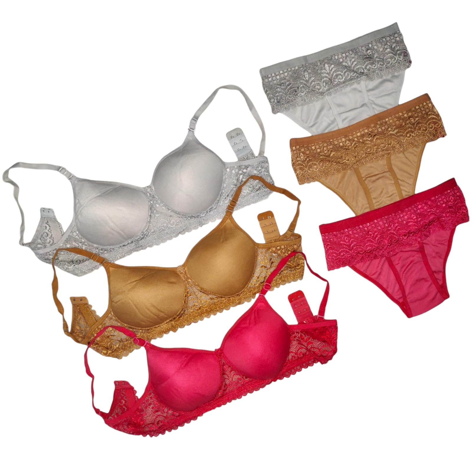 Piylu Women's Lightly Padded Bra & Panty Regular Half Net Design Lingerie Set (Pack of 3)