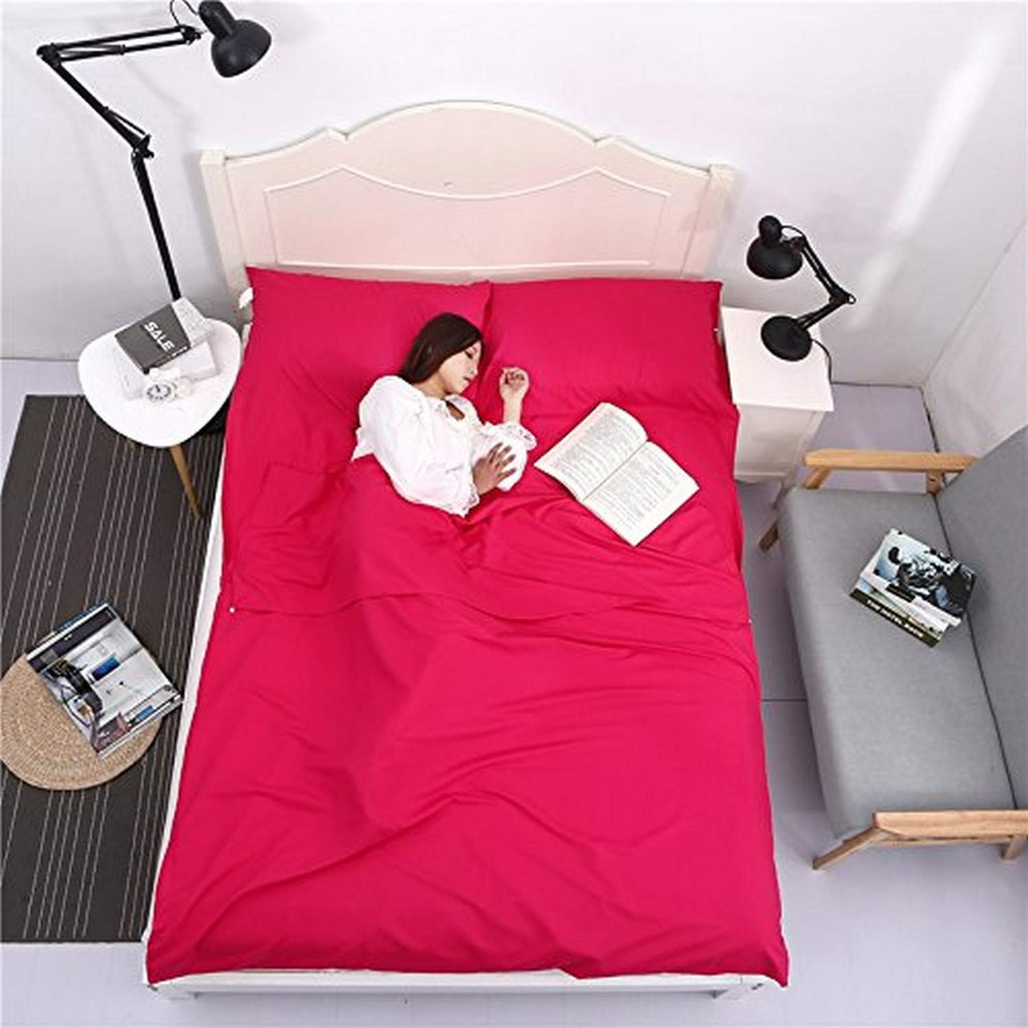 Saco de dormir para camping, ligero, portátil, limpio, saco de viaje para hotel, tren, senderismo, picnic al aire libre (rojo)