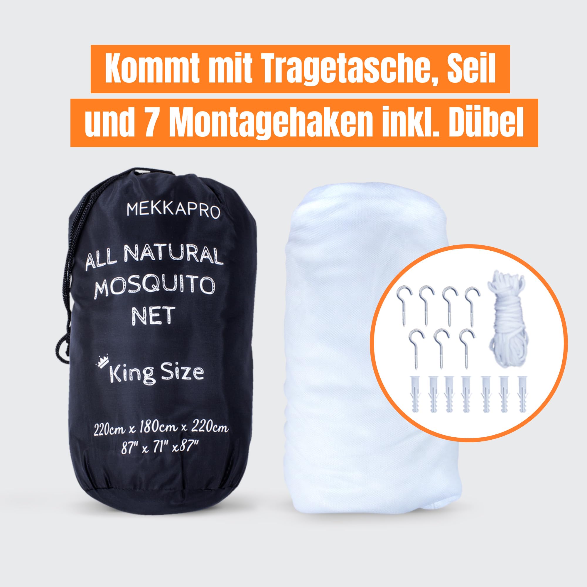 MEKKAPRO Ultragroßes mit Tragetasche, – Moskitonetz Bett inkl. Haken für Zuhause und Reisen – Moskitonetz Reise – Doppelbett – Mückennetz XXL – Für Einzel-, Doppelbetten und Babywiegen