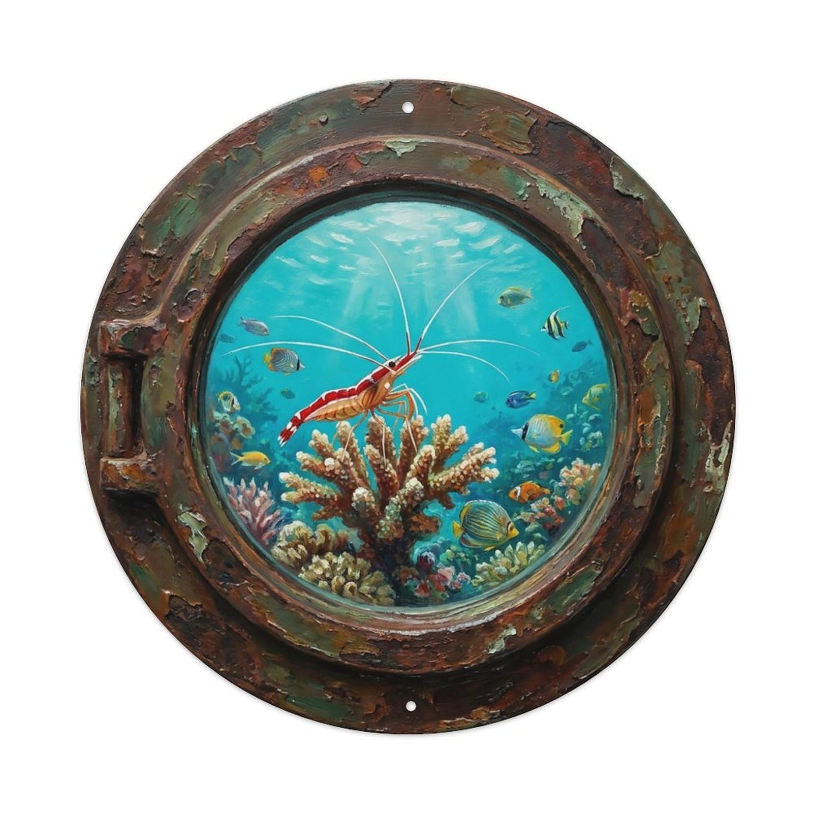 Vintage Porthole Cleaner Shrimp Ship Window Undersea Deep Sea Metal Tin Sign