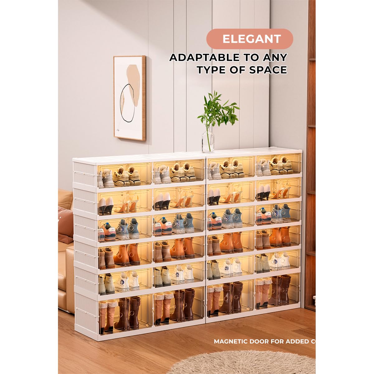 Zapatero Plegable. Organizador de Zapatos de Plástico para Entrada, Armario y Recibidor. Cajas para Zapatos Apilable con 6 Puertas Imantadas. Armario Zapatos. (9Compt)