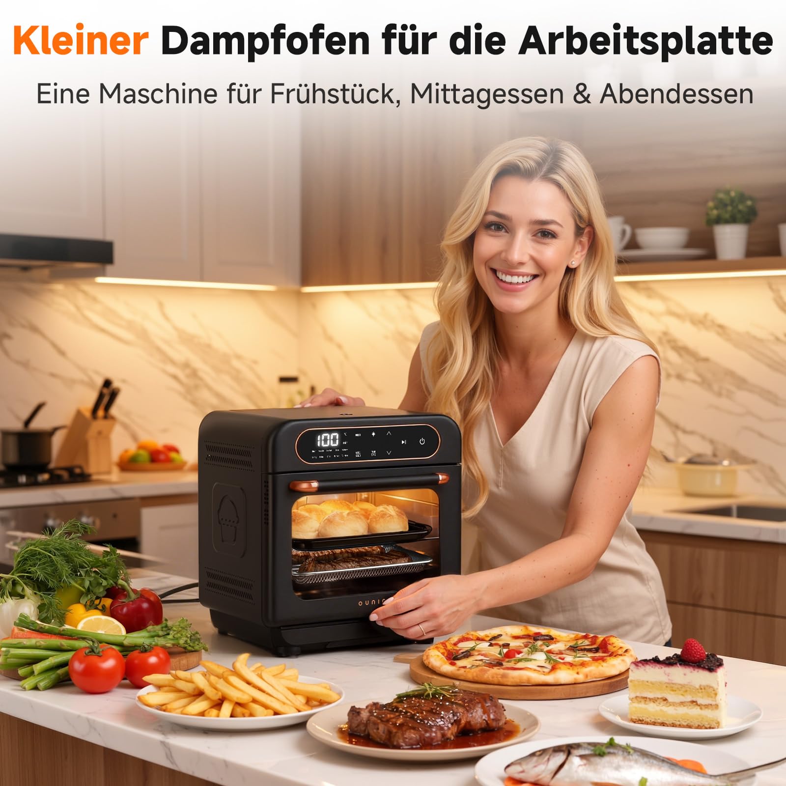 OUNIN 12L Multifunktionsbackofen, 8-in-1 Dampfbackofen und Heißluftfritteuse, Zweigaren, 360° Umluft, 1100W, Geeignet für Schweinehaxe, Bratwurst, Brathähnchen, Brotbacken, Fleisch und Gemüsedämpfen