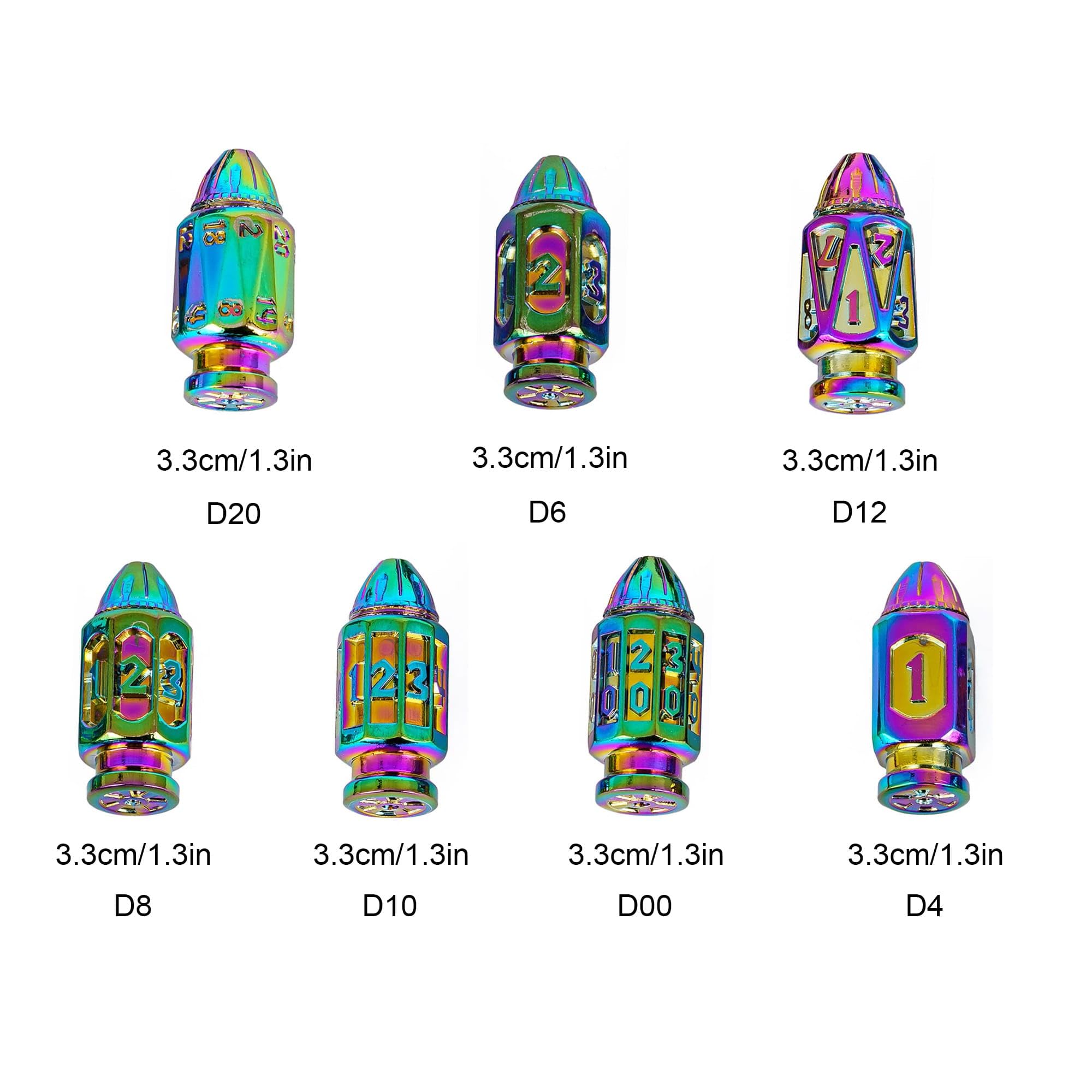 UDIXI Metal DND Bullet Dice Set with Magazine Container, 7-Die Polyhedral Dice Set Cool Style for D&D, Role Playing Game or Other Tabletop Games（Colorful）