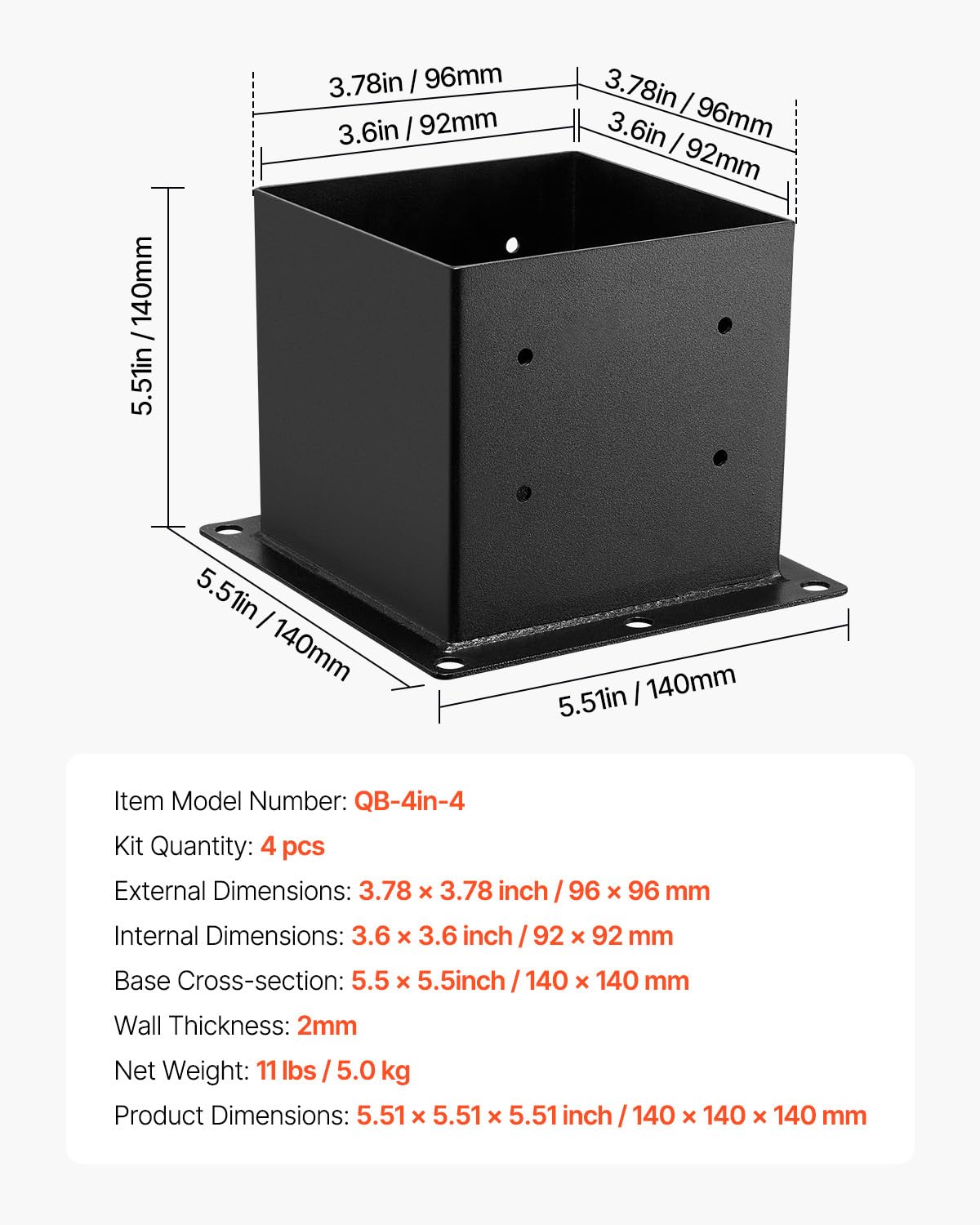 VEVOR Base per Pali 96 x 96 mm Dimensioni Interne 92 x 92 mm Staffe per Pali in Acciaio al Carbonio per Impieghi Gravosi, per Supporto Ringhiera per Gazebo, Piastra di Base per Ponte, 4 PZ, Nero