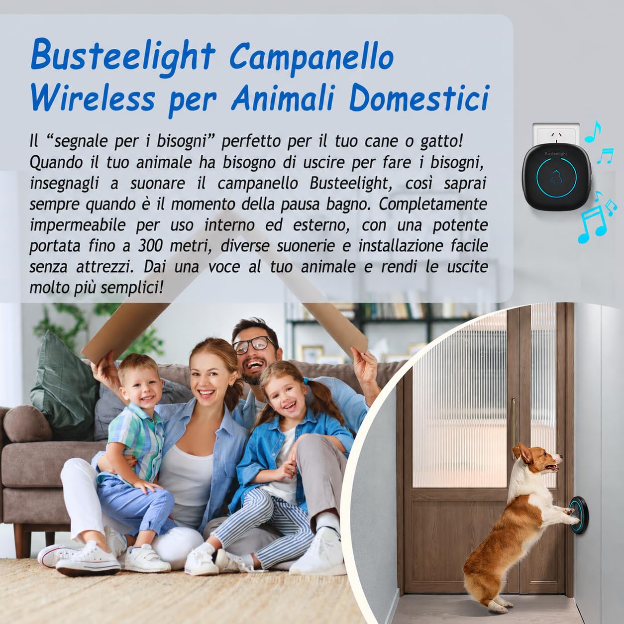 A6 BK Campanello per Uscire Cane Senza Fili 300 m – Campanello Educazione Cane con LED, 60 Melodie, Impermeabile, Accessorio per Addestramento Cane Toilette (1 Campanello e 2 ricevitori)