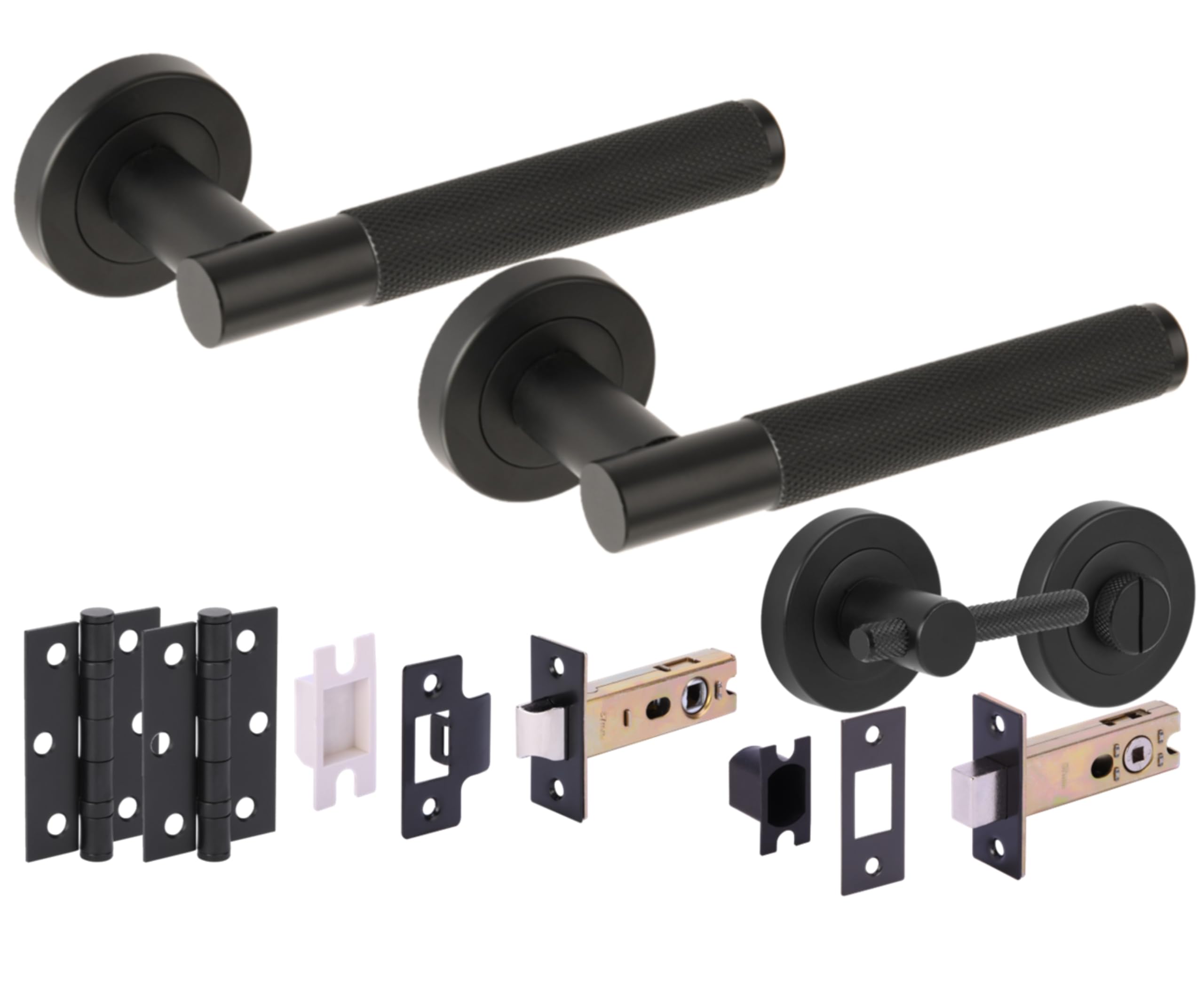 Hunta Black Matt Handlezone® Evo Knurled Grip Door Handles On Rose Bathroom Deadbolt Pack With Knurled Turn Set, 76Mm Lock And Latch, 75Mm Ball Bearing Hinges
