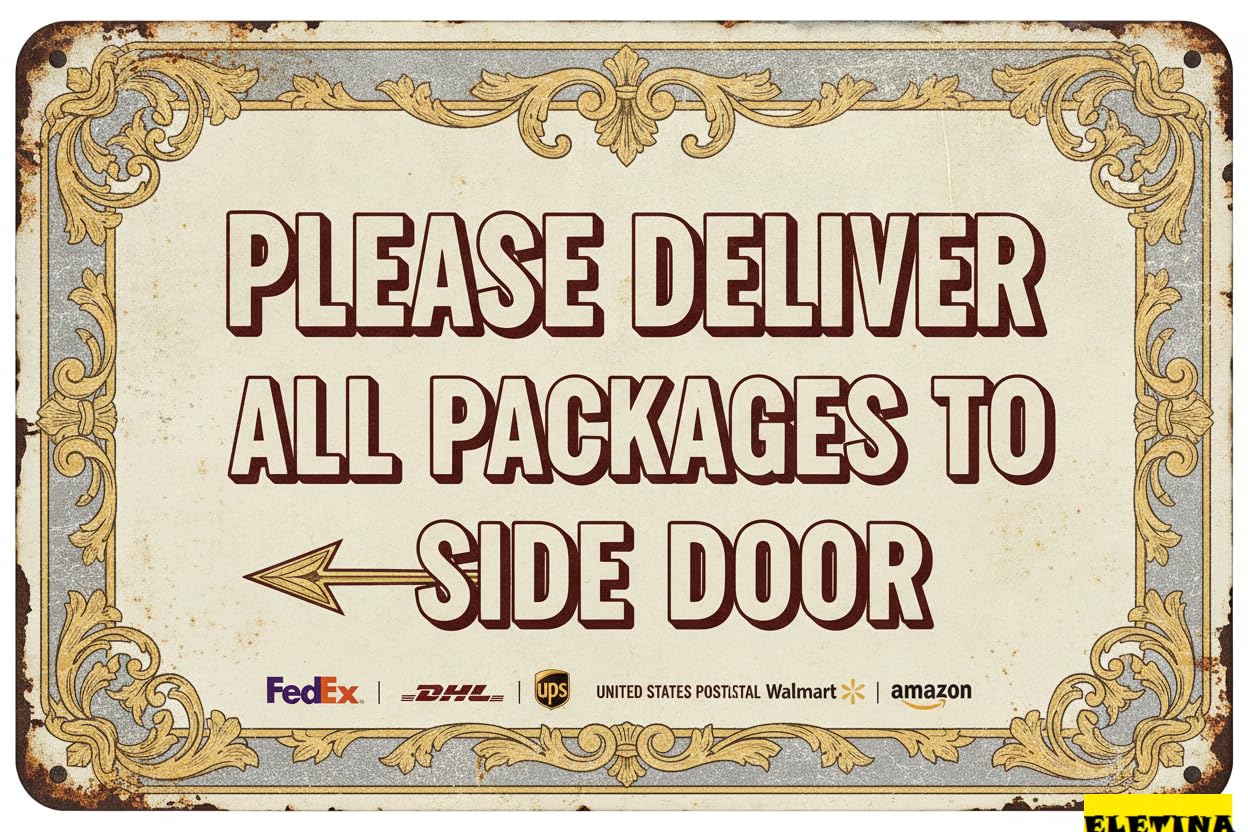 Deliver Packages To Side Door Arrow Tin Sign, 12x8 Inch