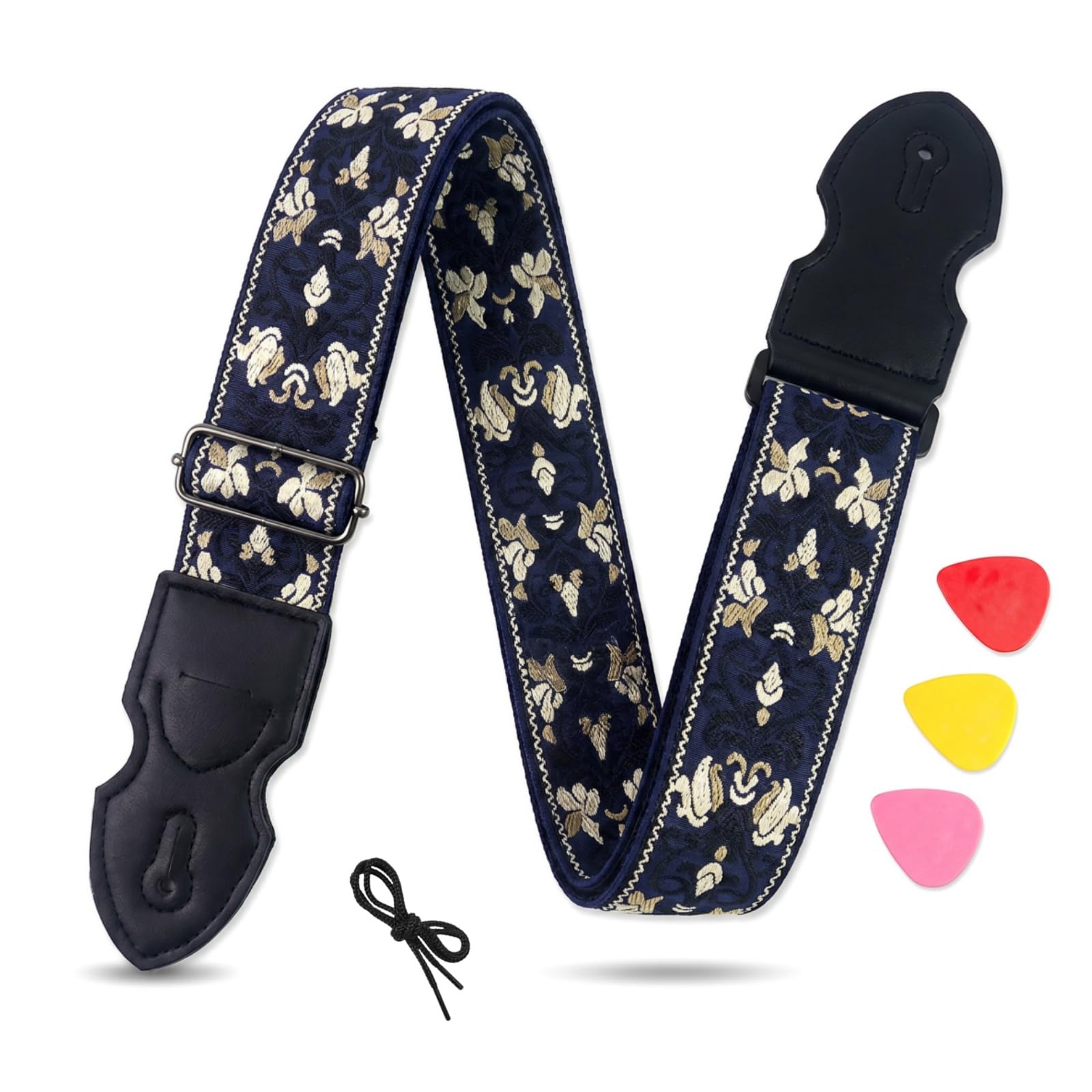 Vintage Guitar Strap with Pick Holder | Adjustable Jacquard Belt for Acoustic, Electric & Bass Guitars | Includes 3 Picks & Strap (Blue Floral)-image-45