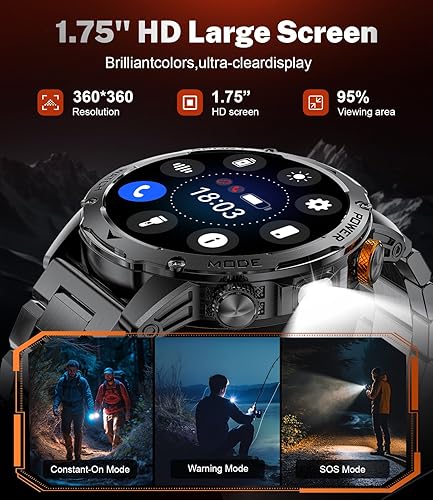 Miniatura 3 de Relojes inteligentes militares para hombres (3 bandas), reloj inteligente de pantalla grande HD de 1000 mAh1.75 pulgadas, linternamás de 110 modos