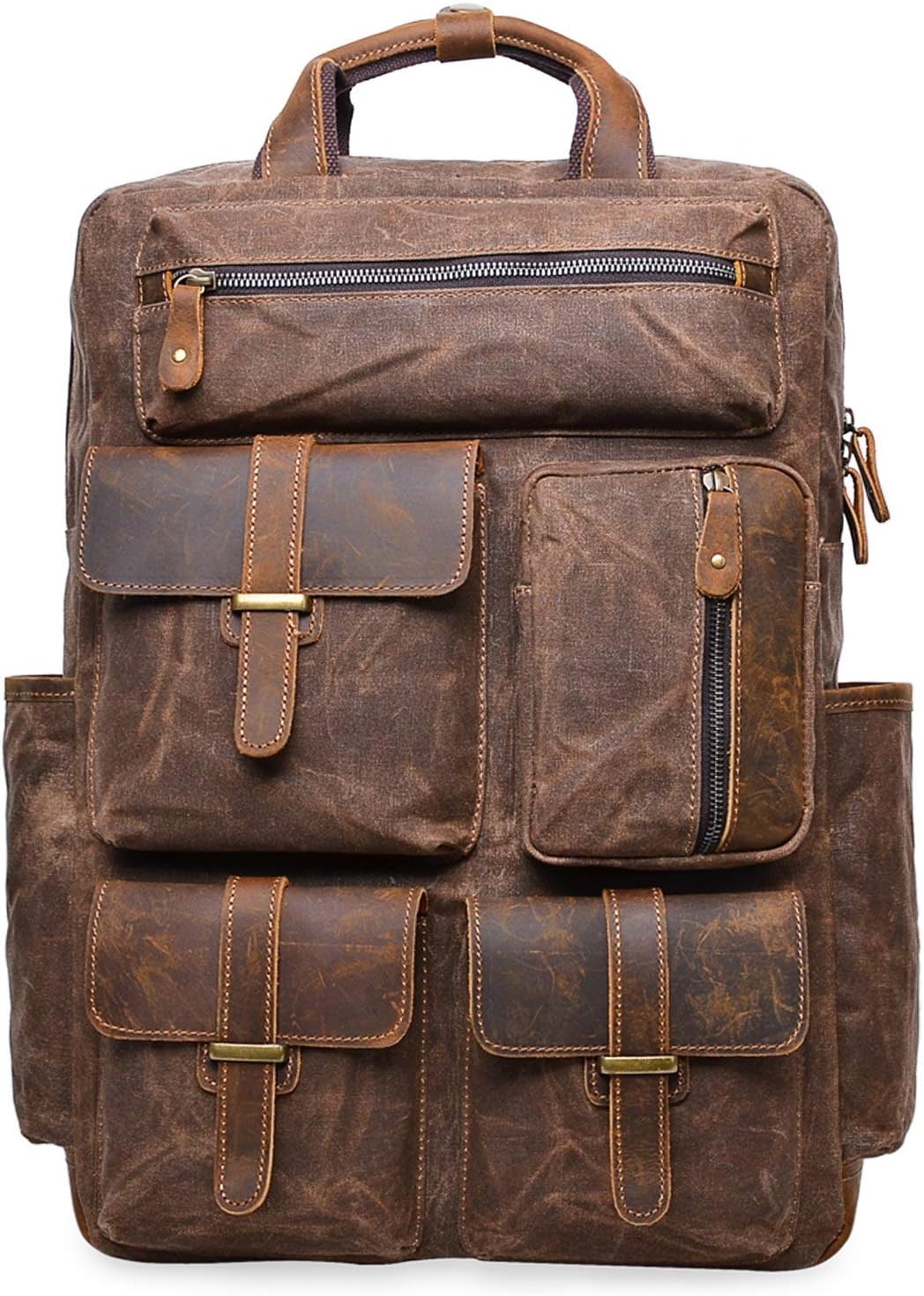 Lannsyne Mens Vintage Waxed Canvas Leather 15.6" Laptop Backpack Bag Hiking Camping Weekender Travel Rucksack