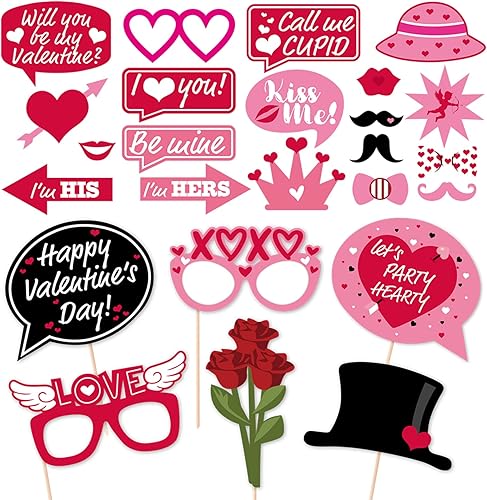Miniatura 7 de Kit de accesorios para cabina de fotos para el día de San Valentín 25 piezas rosas para fotografía de boda sombreros lentes de labios flores de