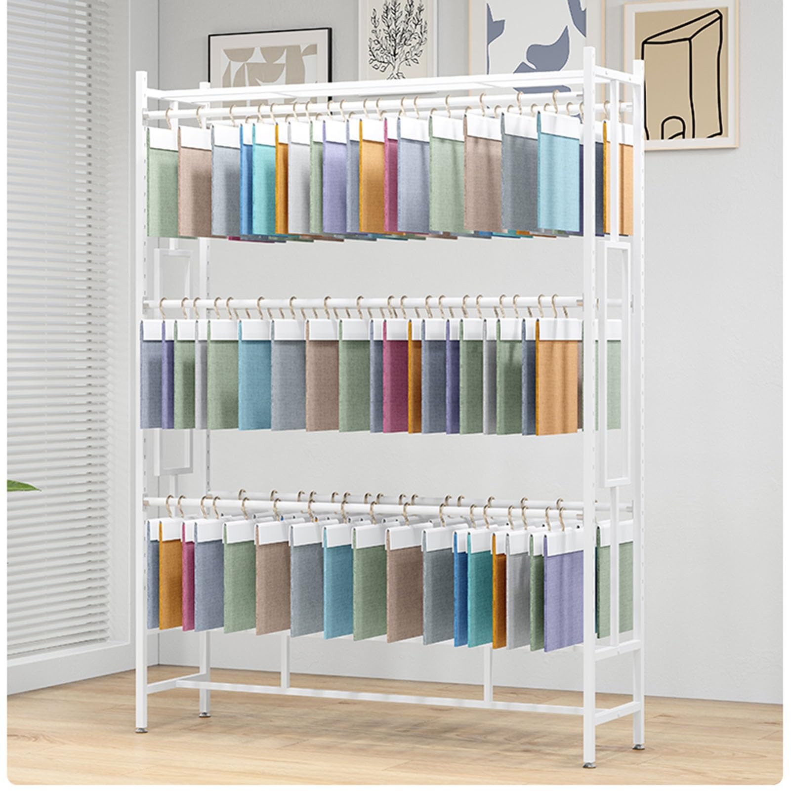 Espositore per tappeti in Metallo da Pavimento, espositore per Campioni di Tessuto Commerciale, zerbino in Tessuto per Tappetino per Auto, Appendiabiti Multistrato,White-120x40x200cm