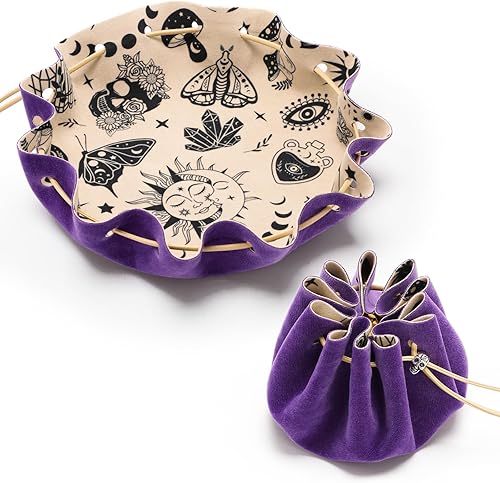 CiyvoLyeen Bolsa con cordón morado con cordón y bandeja de dados de fieltro DND, perfecta para jugadores de rol, jugadores de mesa, almacenamiento