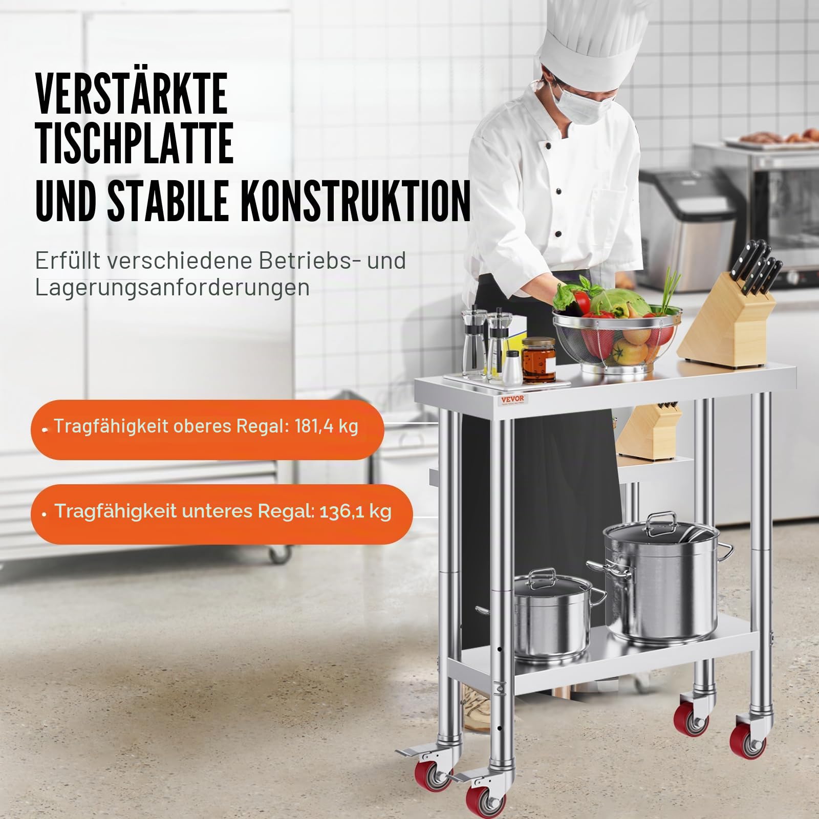 VEVOR Arbeitstisch aus Edelstahl für gewerbliche Küche, Silber, 762 x 305 mm