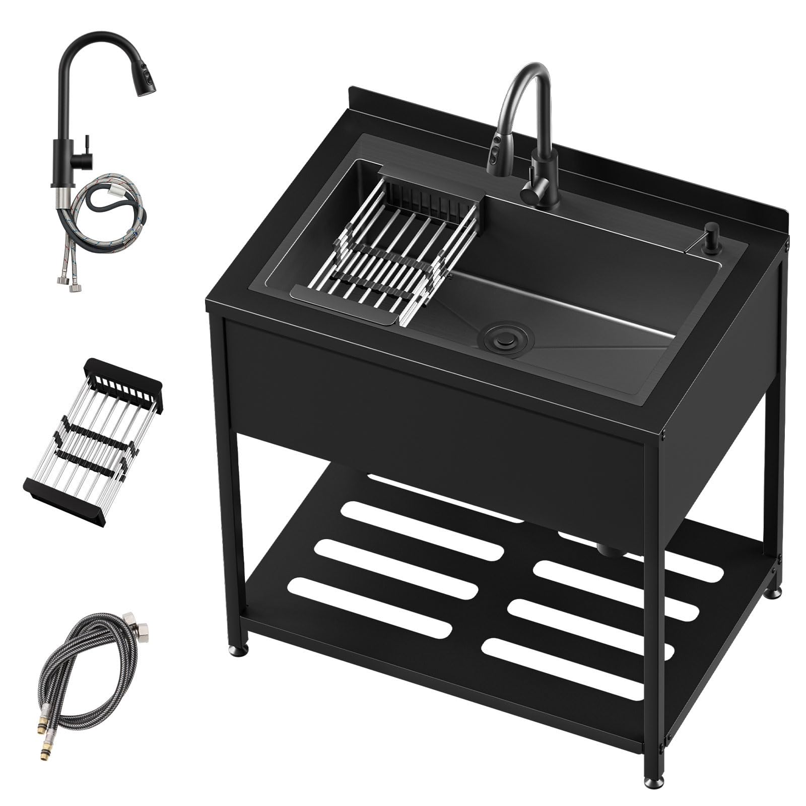 Stainless Steel Utility Sink, 36.6" × 24.2" × 36.6"Freestanding Sink with Cold and Hot Water Faucet,Hoses and Drain Kit for Kitchens, Bathrooms, Garage, Laundry Room