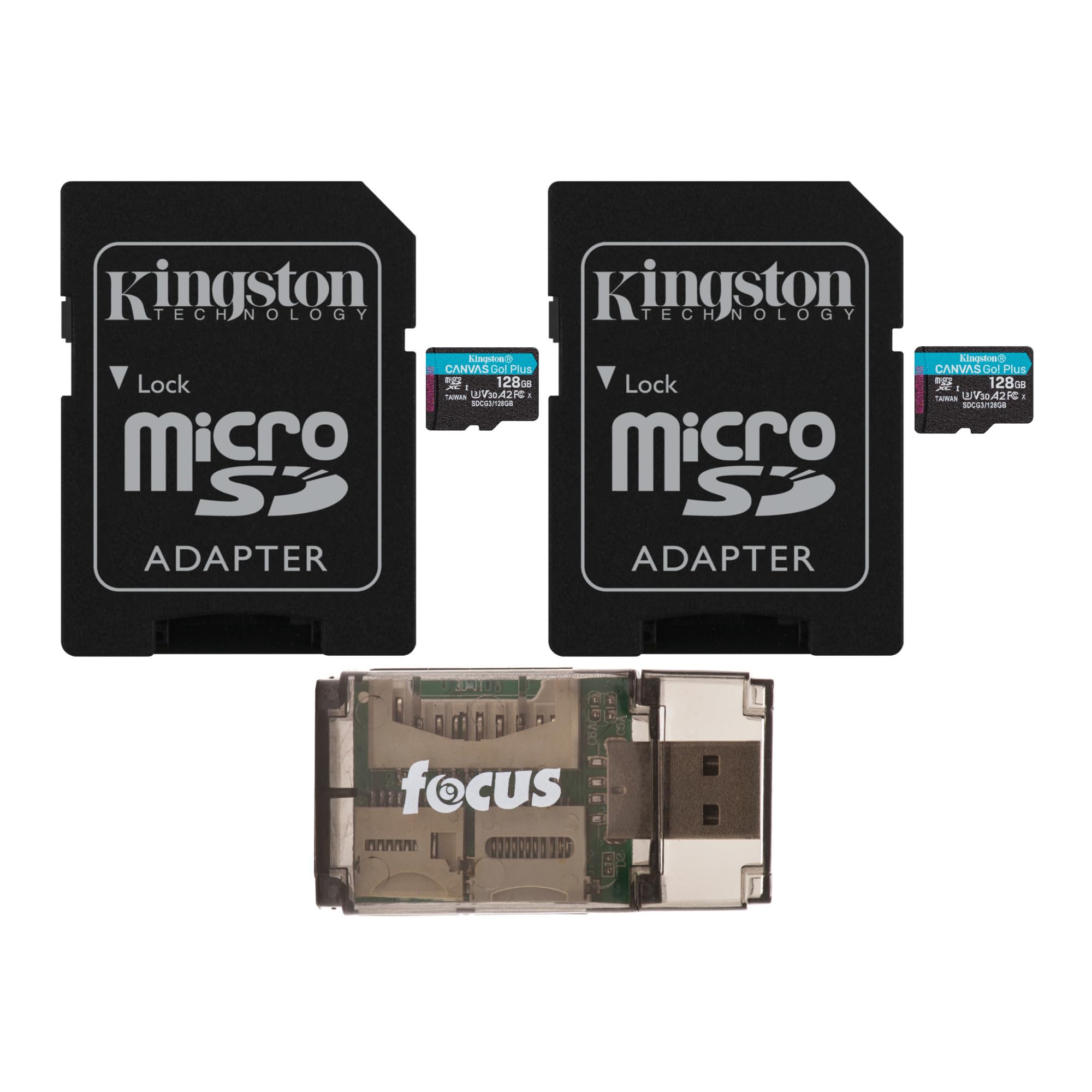 Kingston 128GB MicroSDXC Canvas Go Plus Memory Card (2-Pack) Bundle with All-in-One High Speed USB 2.0 Card Reader Compatible with Mac and PC Systems (3 Items)