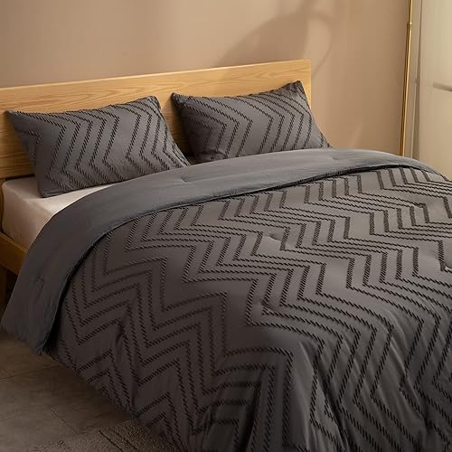 Miniatura 1 de ATsense Juego de edredón de jacquard copetudo gris oscuro, juego de cama de microfibra alternativa reversible con textura bohemia, juego de edredón
