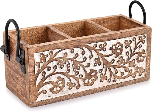 Organizador de cajones de utensilios de madera de mango, organizador de bandeja de cubiertos, organizador de cajones de cocina para cubiertos (11 x