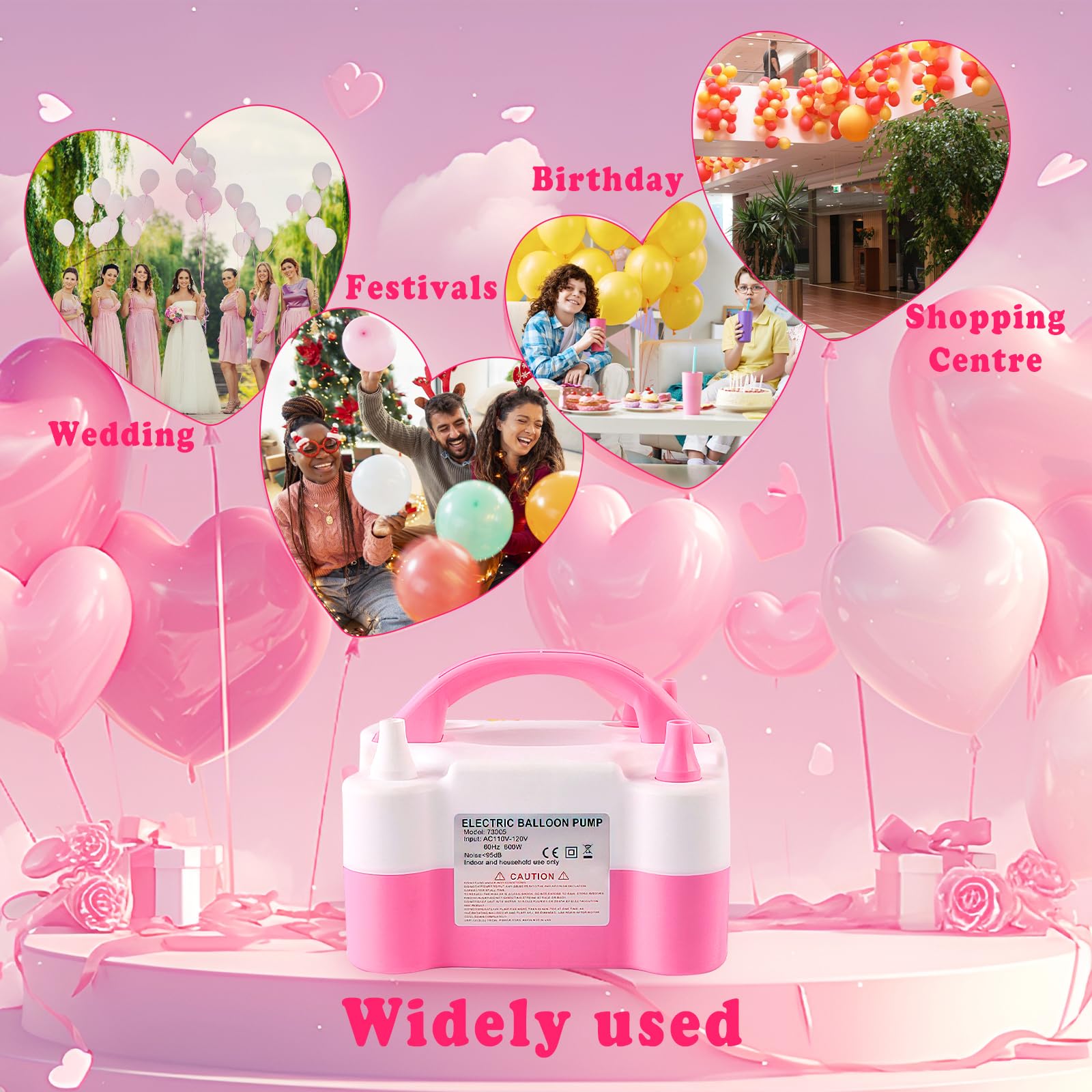 Pompe à Ballons Électrique 600W FainFun – Gonfleur Rapide Double Buse + 2 Petites Buses – Portable Pour Anniversaire, Mariage, Fêtes (Rose Blanc 220V)
