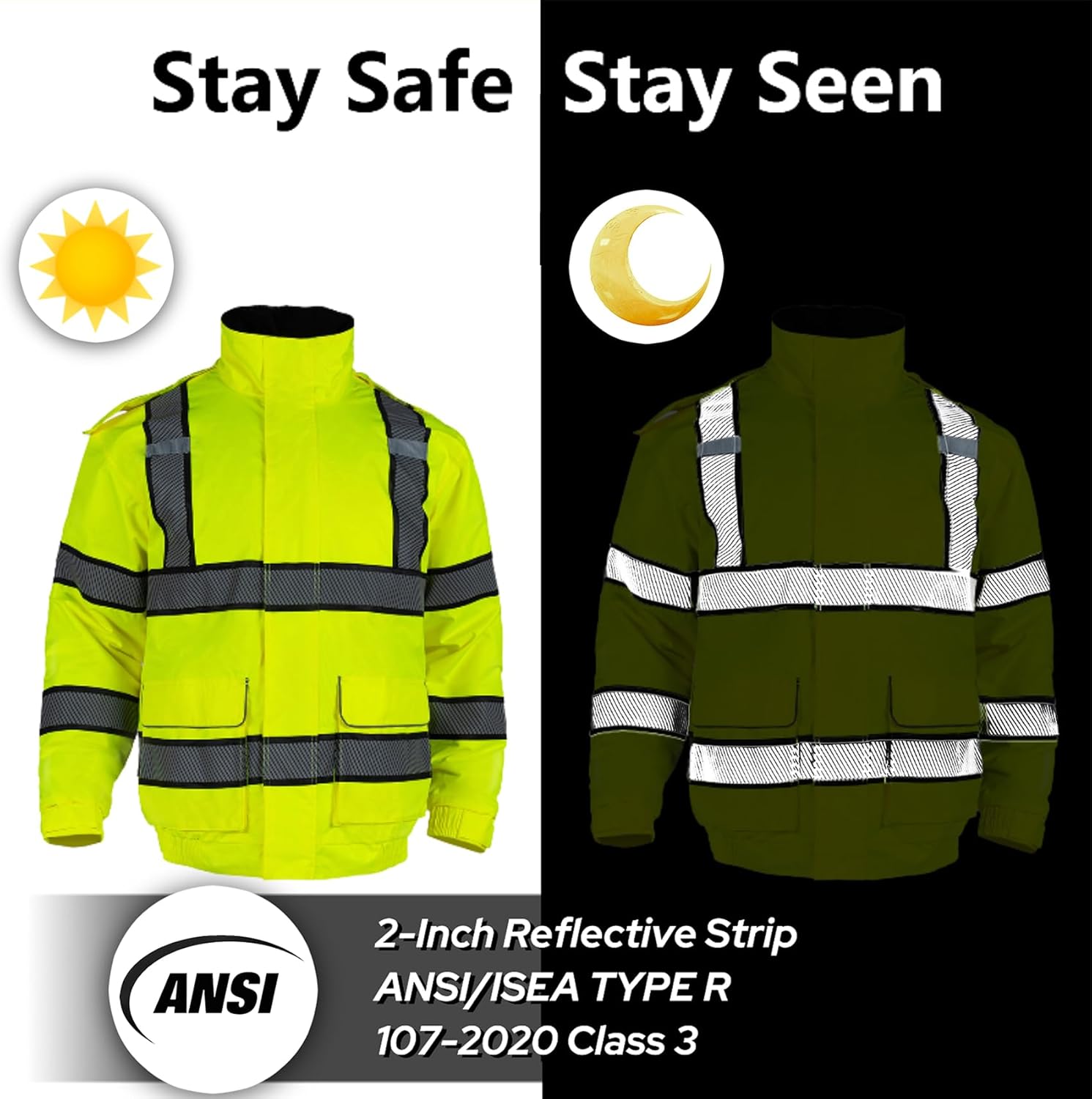 High Visibility Bomber Work Jacket for Men, ANSI Class 3 Waterproof Reflective Safety Jacket with Hood, Fleece Lining - Image 7