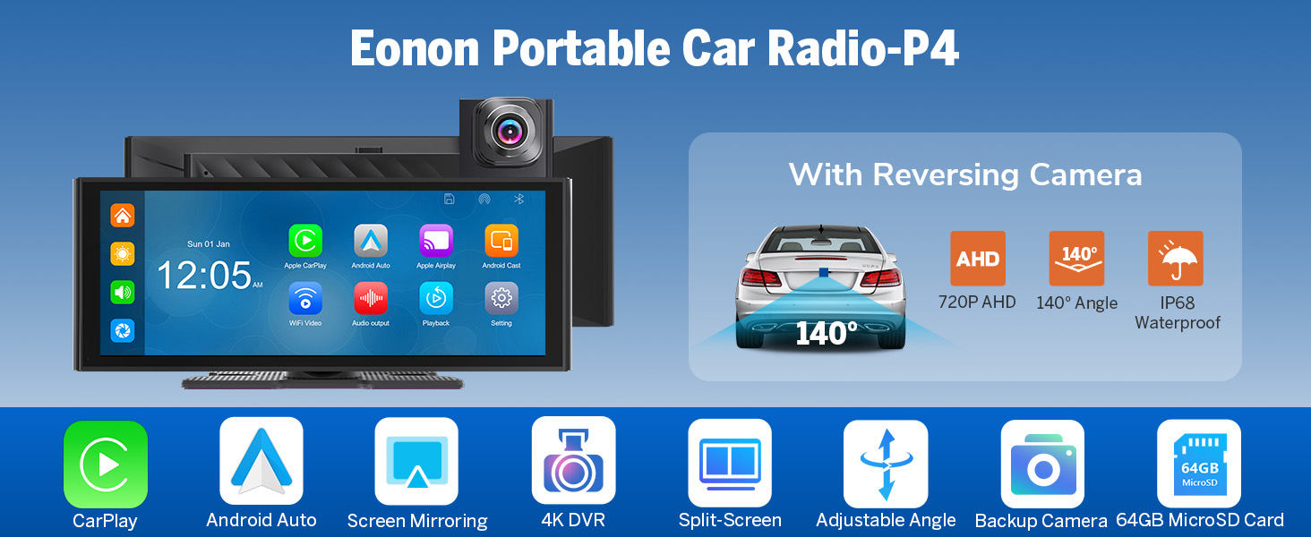 Eonon P4 Schermo Auto Portatile 10,26'' – CarPlay, Android Auto, Dashcam 4K Frontale E Telecamera Backup 1080p