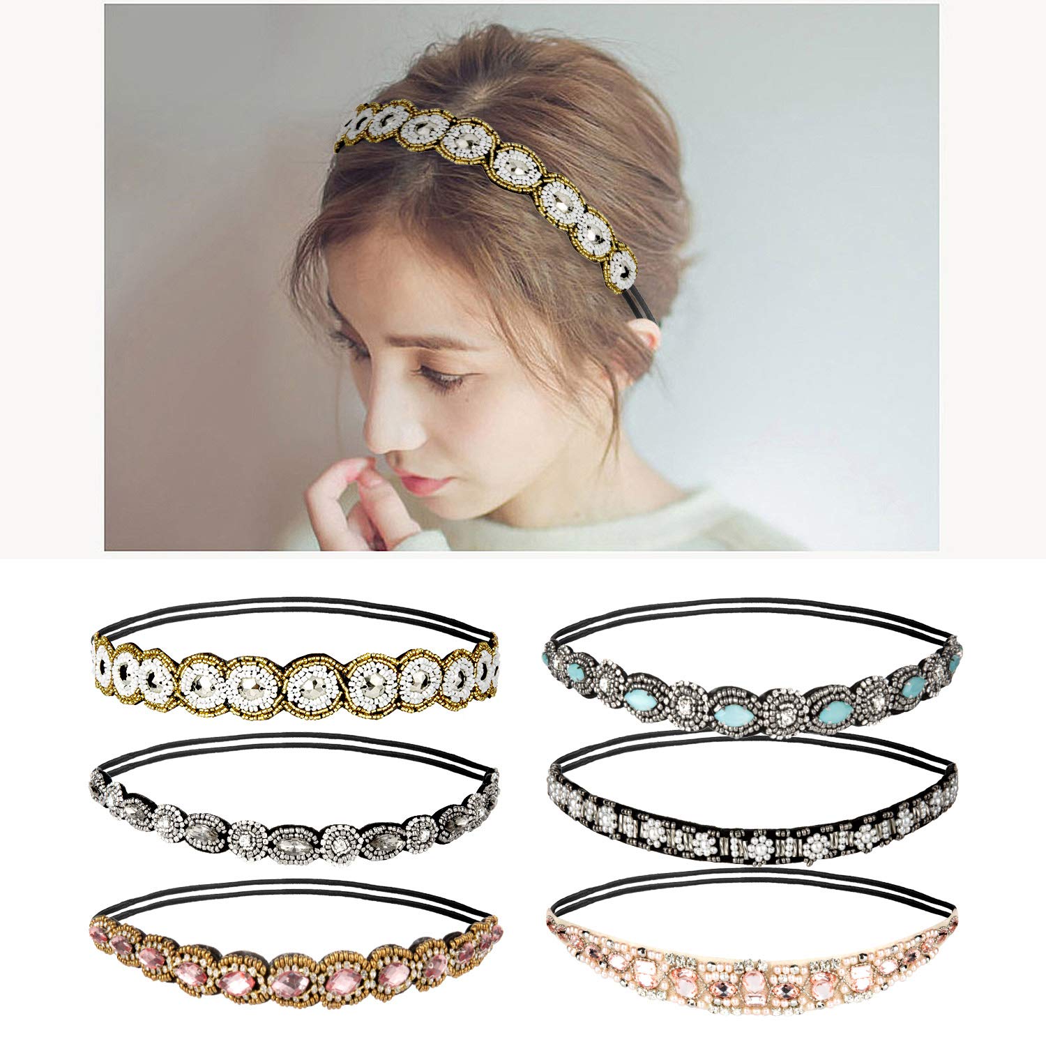 Comius Sharp 6 Pezzi Fasce Elastiche di Strass per Capelli, Gioiello Fatto a Mano, Bohémien, Accessori Donna Ragazza (6 Stili)