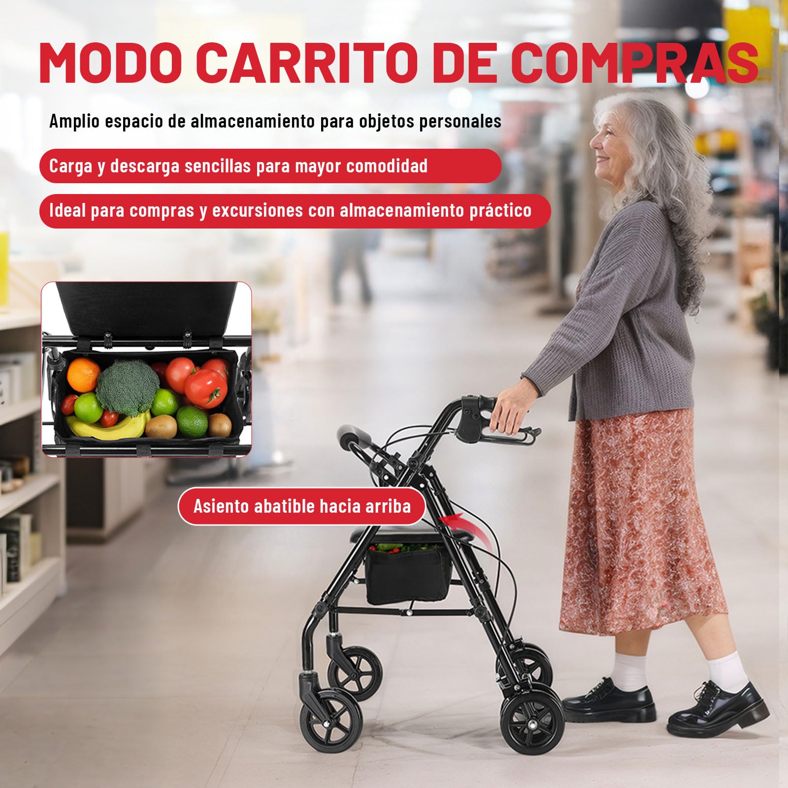 R5 andador ultraligero plegable(con asiento) para ancianos, estructura resistente de acero al carbono, ajuste de altura, sistema de freno/estacionamiento, apto para interiores y exteriores terrenos