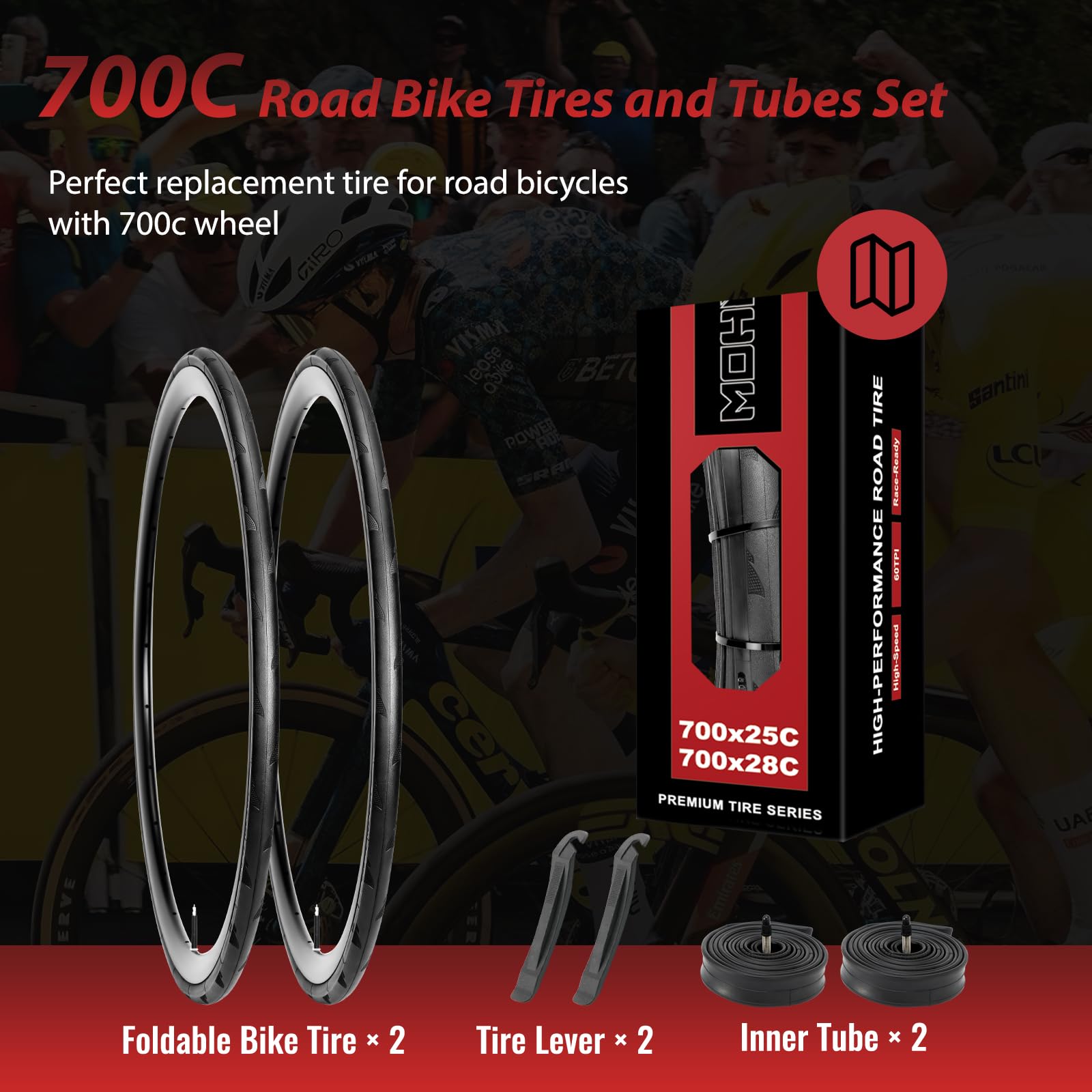 MOHEGIA Pneu de vélo de route 700C : 700 x 25C/700 x 28C pliable 60 TPI de rechange pour vélo de course de route de tourisme
