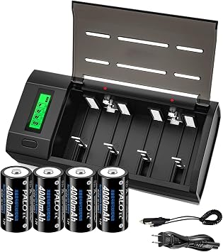 4 Packs Rechargeable C Size Batteries with Charger, Universal LCD Screen Fast Charger for 1.2V AA AAA 9V D C Rechargeable Ni-MH Battery Cell with 4 Pack NiMH C Size Batteries