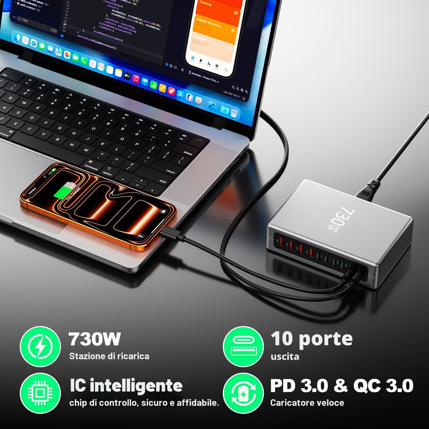 GaN - Caricatore USB C multiplo, 730 W, 10 porte, per laptop, telefoni cellulari, tablet, stazione di ricarica rapida con 6 porte USB C + 4 porte USB A, alimentatore PD