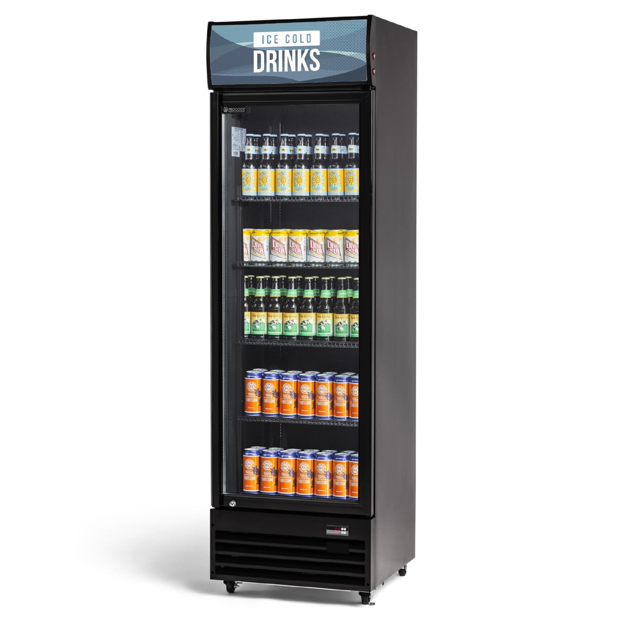 Procool Black Display Refrigerator, 12.7 CuFt, 1 Door, Ice Cold Drinks Sign