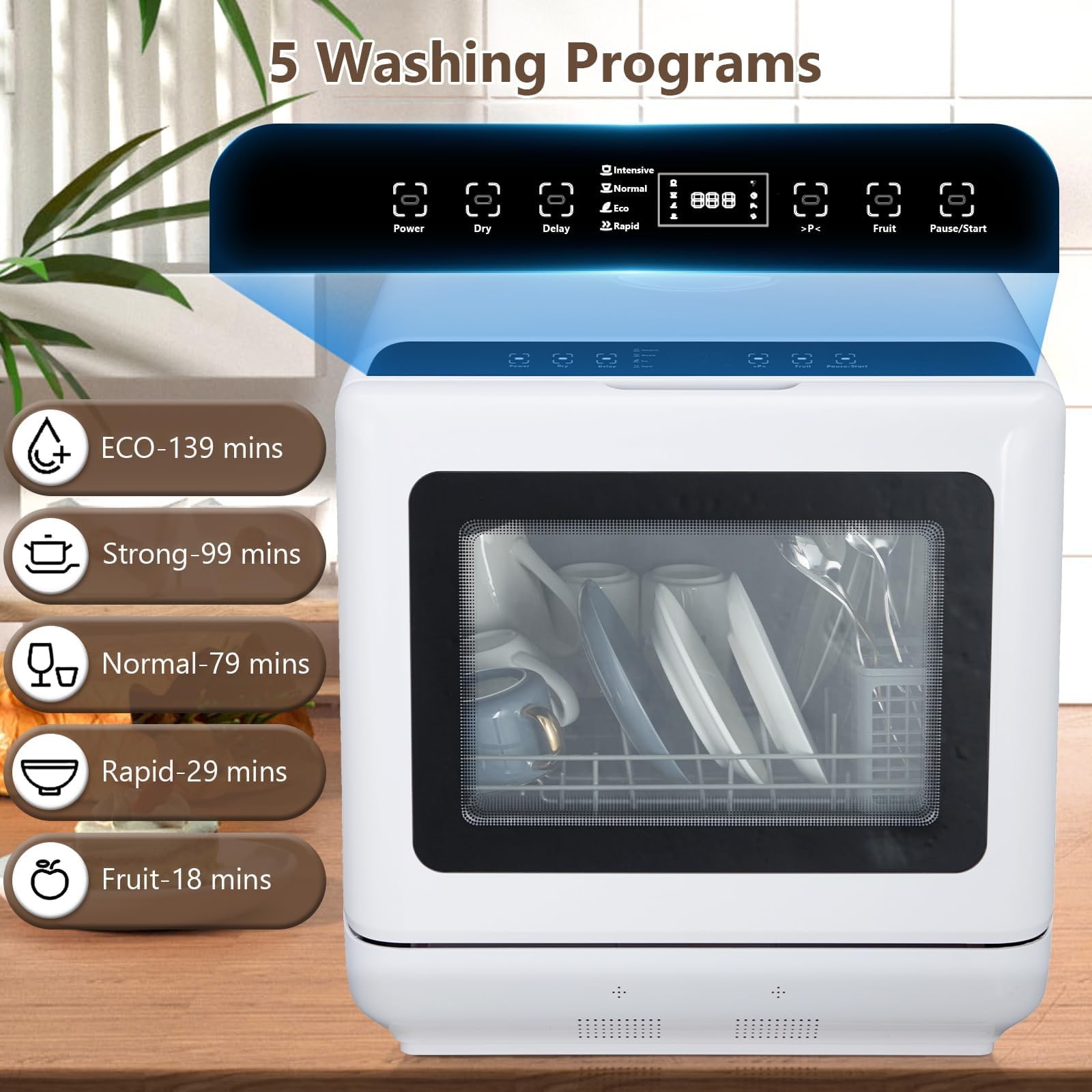 Mini lavavajillas para espacios pequeños, tanque de agua integrado de 5 litros y 5 programas, ideal para parejas y familias pequeñas, ahorra tiempo y agua