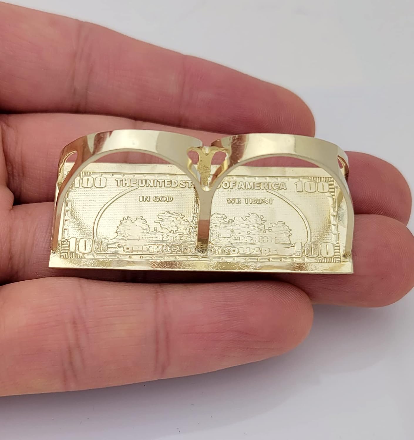 AMZ Jewelry 10K Yellow Gold Two Finger Hundred Dollar Bill Ring 2 in x 0.8 in