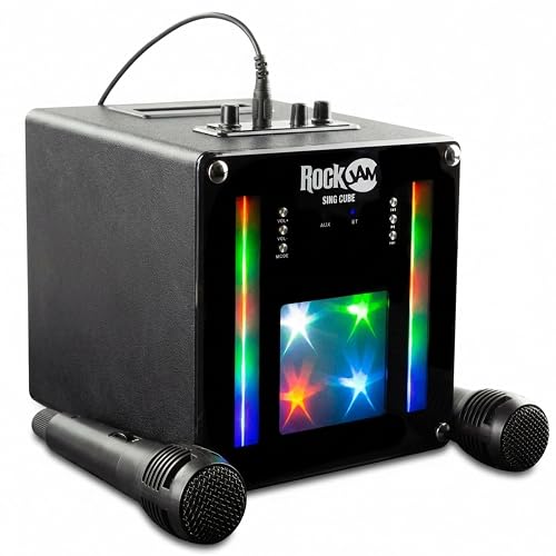 RockJam singcube - Máquina de Karaoke Bluetooth Recargable de 5 vatios con Dos micrófonos, Efectos d