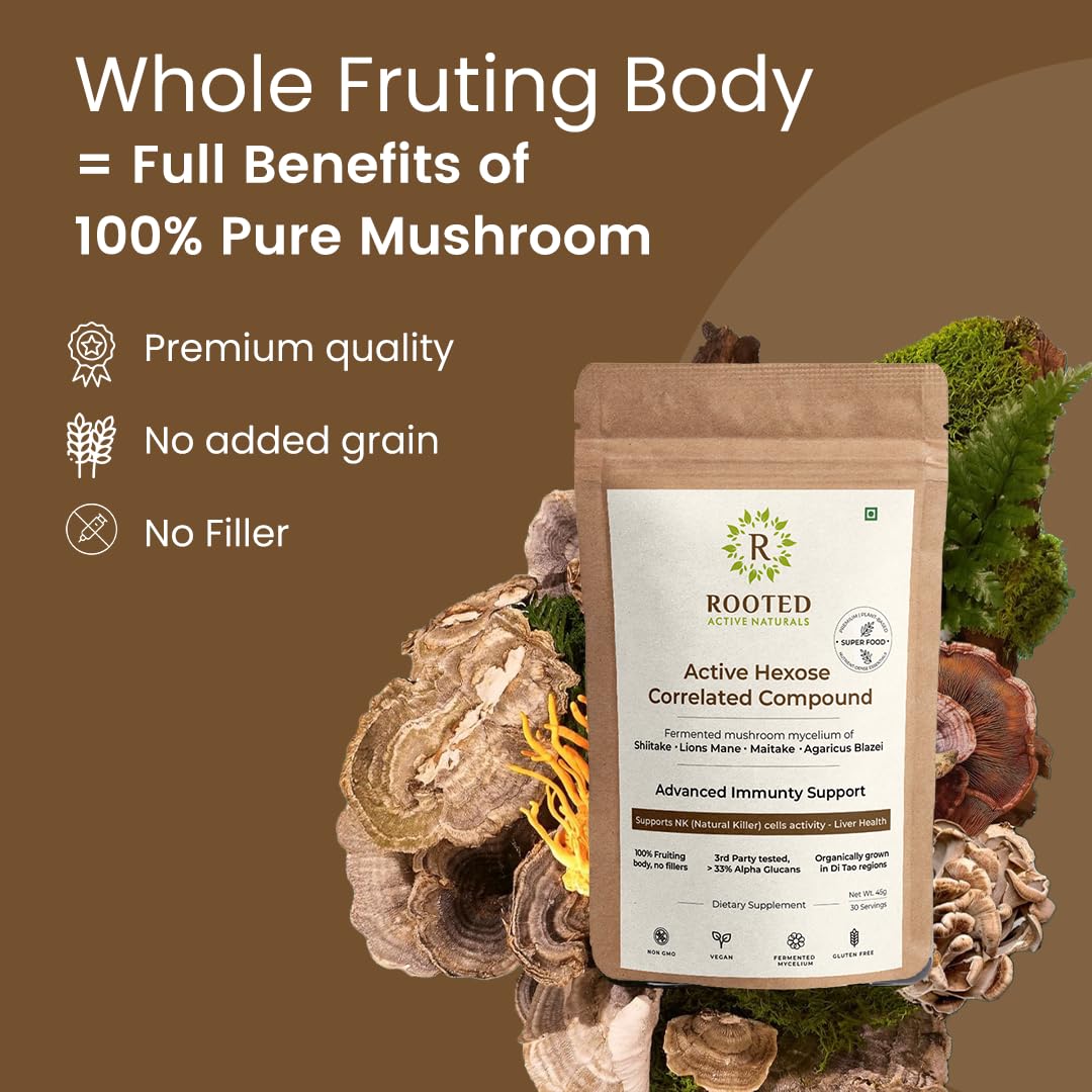 Rooted Active Organic Active Hexose Correlated Compound Powder | Immune Support Supplement | Mushroom-Derived Extract | 100% Natural, Vegan, Lab-Tested Immunity Booster (45 Grams) - Image 2 thumbnail